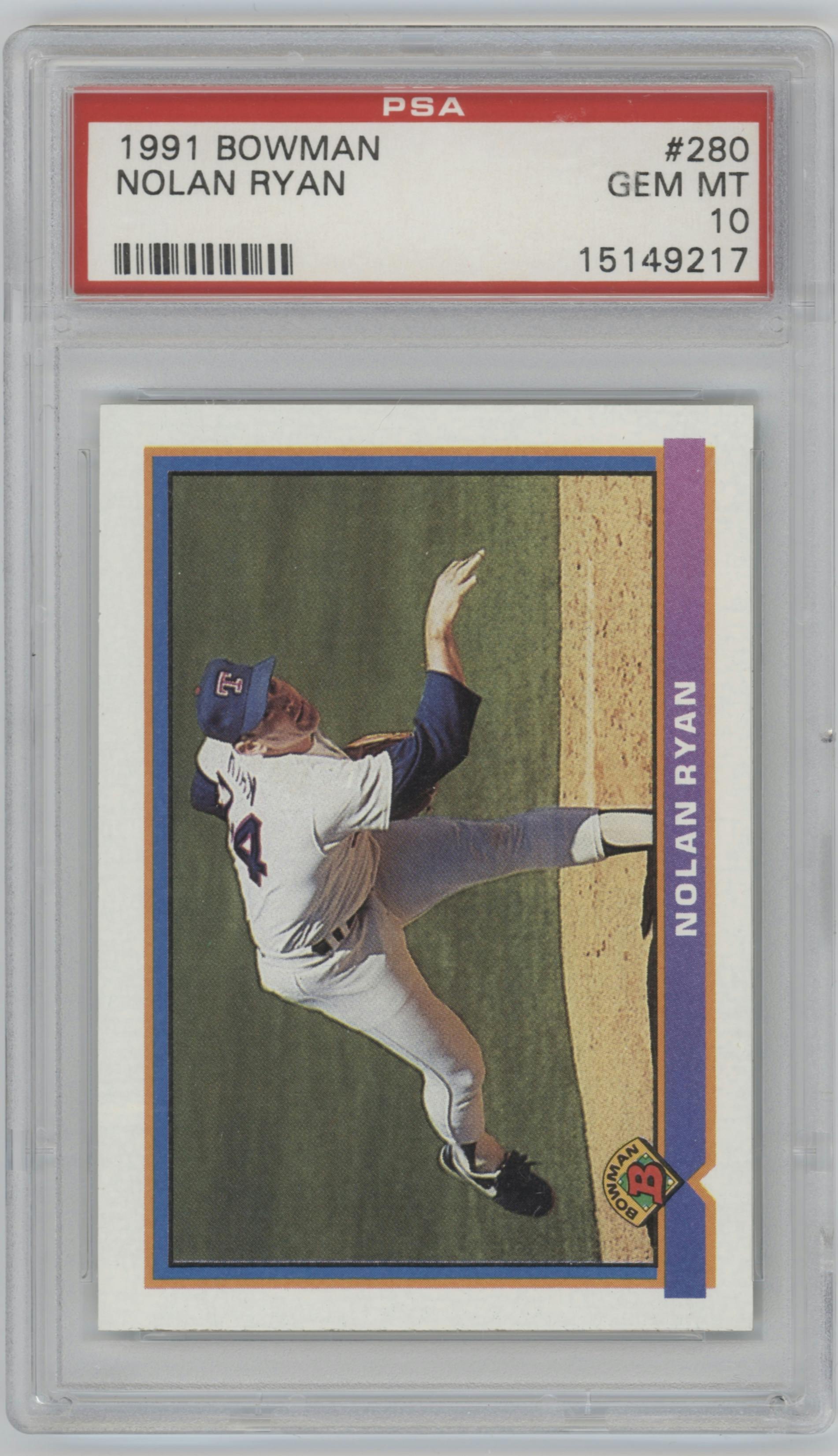 Nolan Ryan from the 1991 Bowman set graded by PSA and given an overall grade of 10.