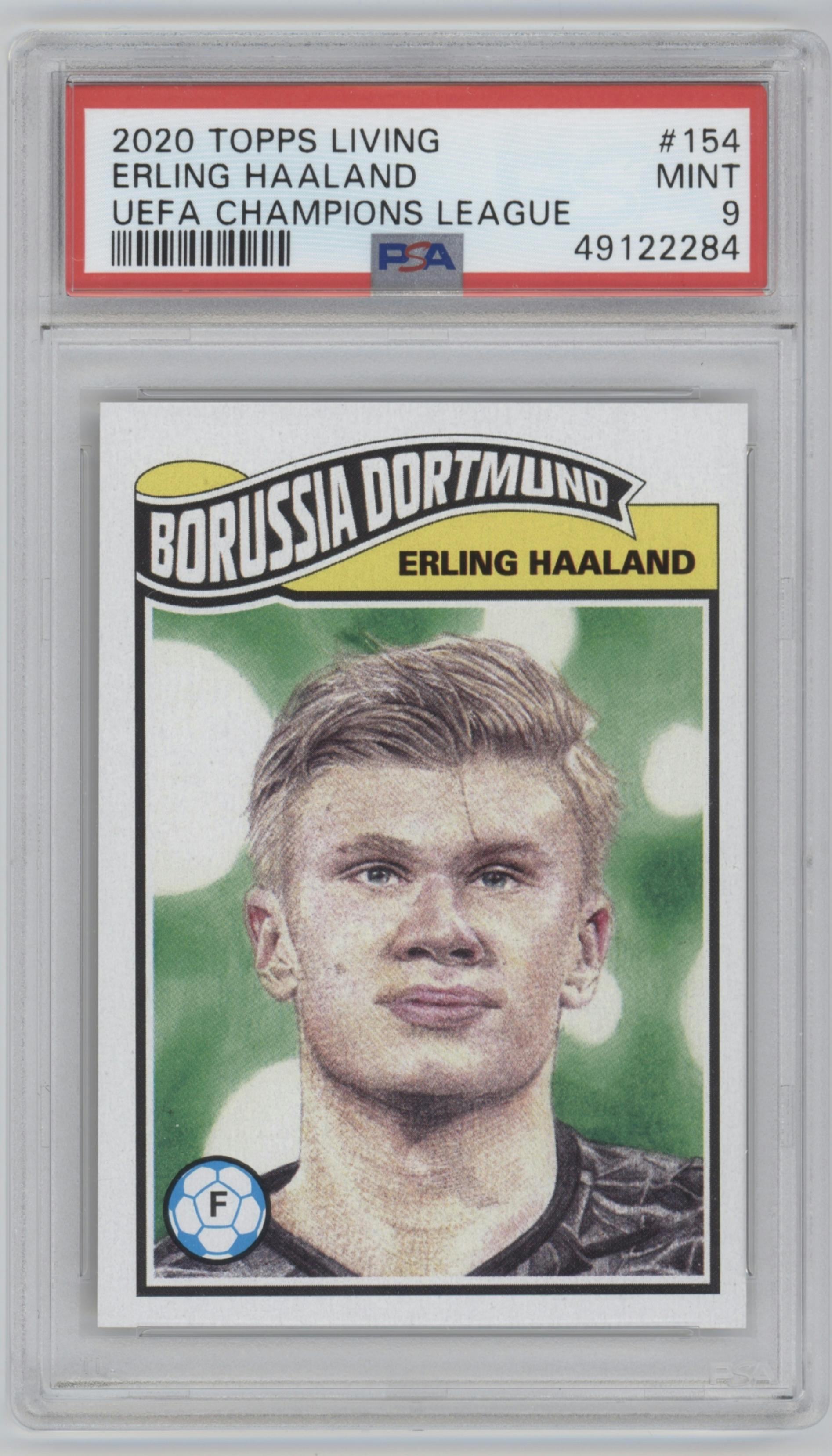 Erling Haaland from the Ultimate Topps Living Set UEFA CL set graded by PSA and given an overall grade of 9.
