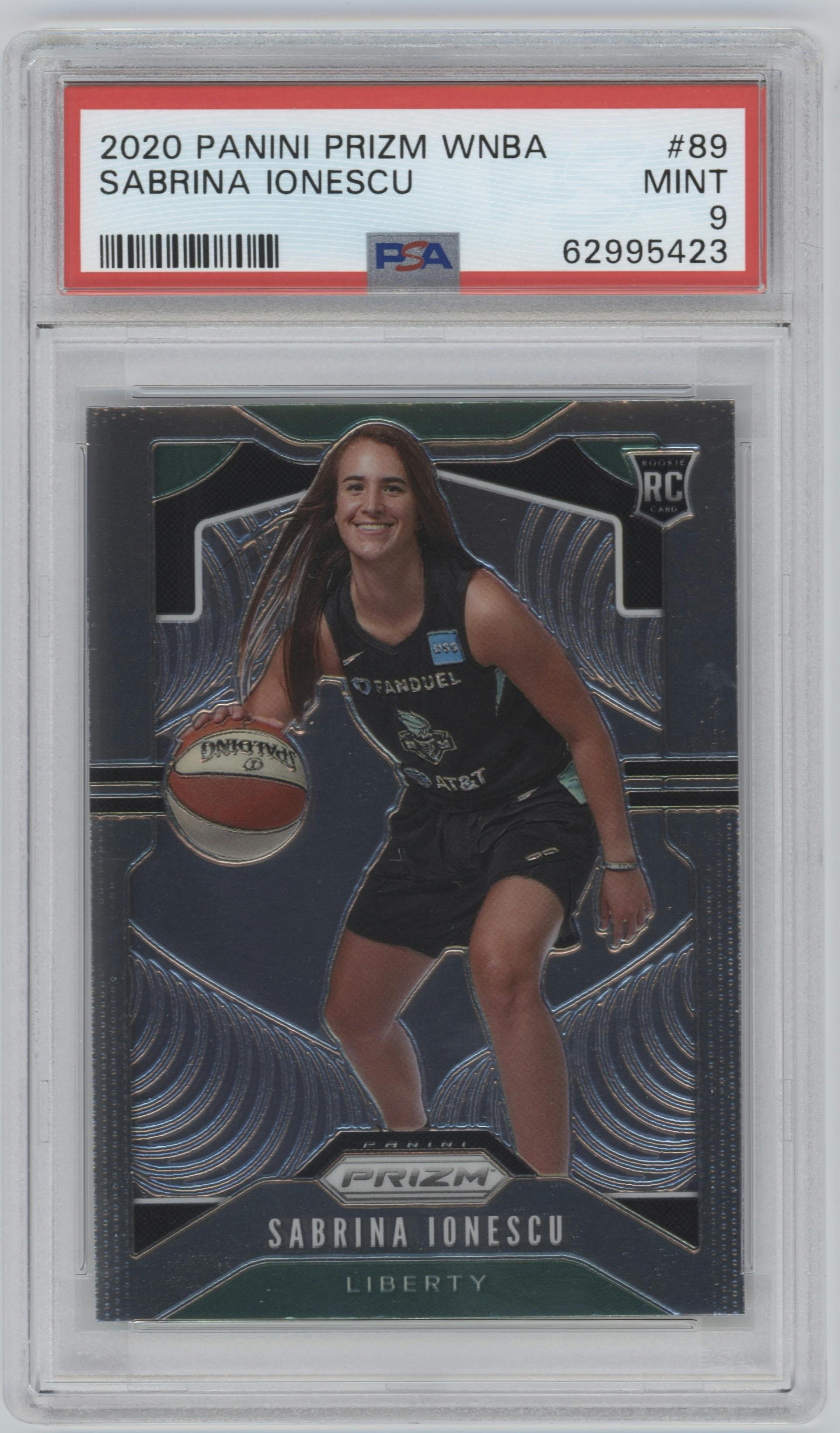 Sabrina Ionescu from the 2020 Panini Prizm WNBA set graded by PSA and given an overall grade of 9.