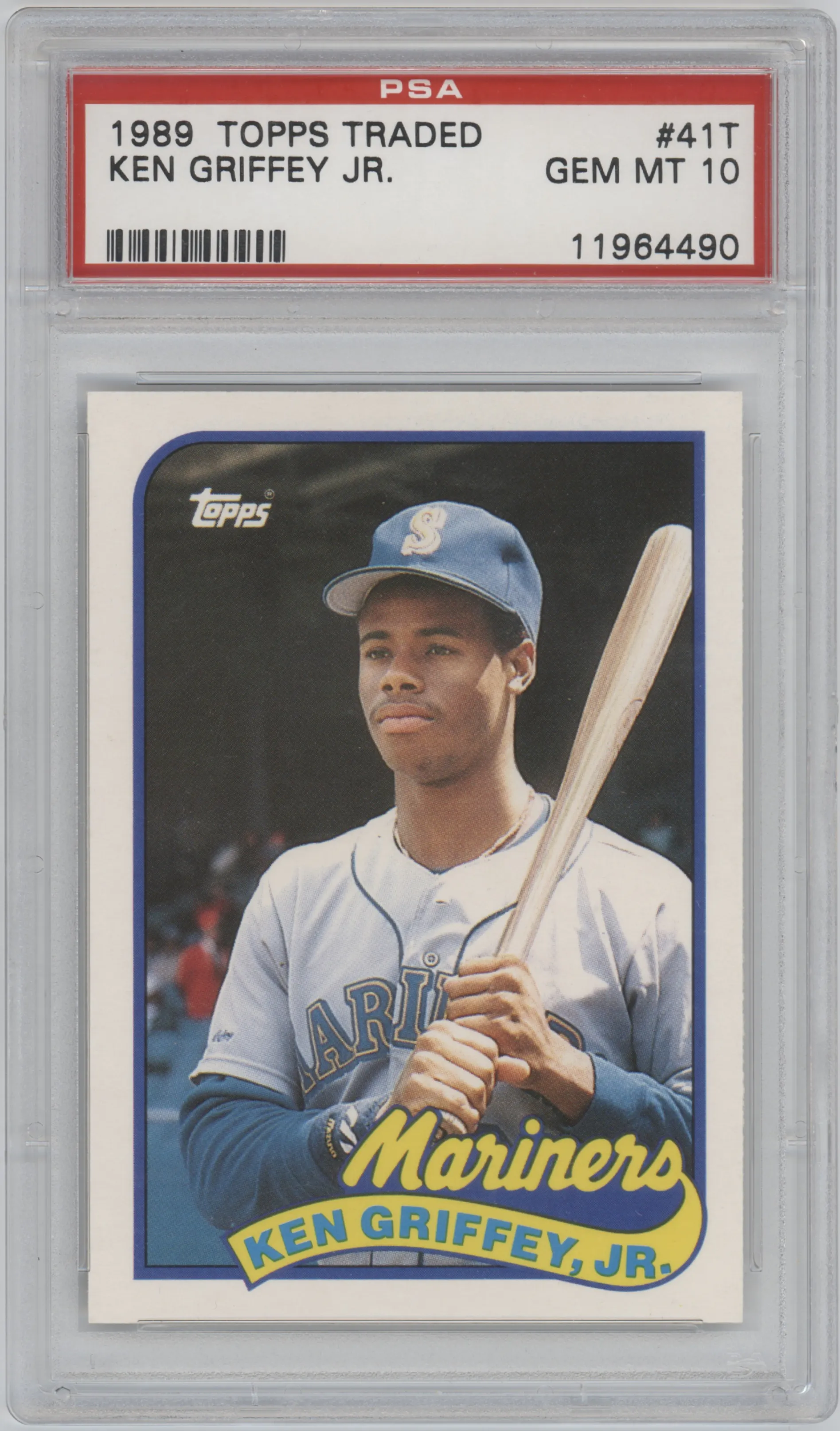 Ken Griffey, Jr. from the 1989 Topps Traded set graded by PSA and given an overall grade of 10.