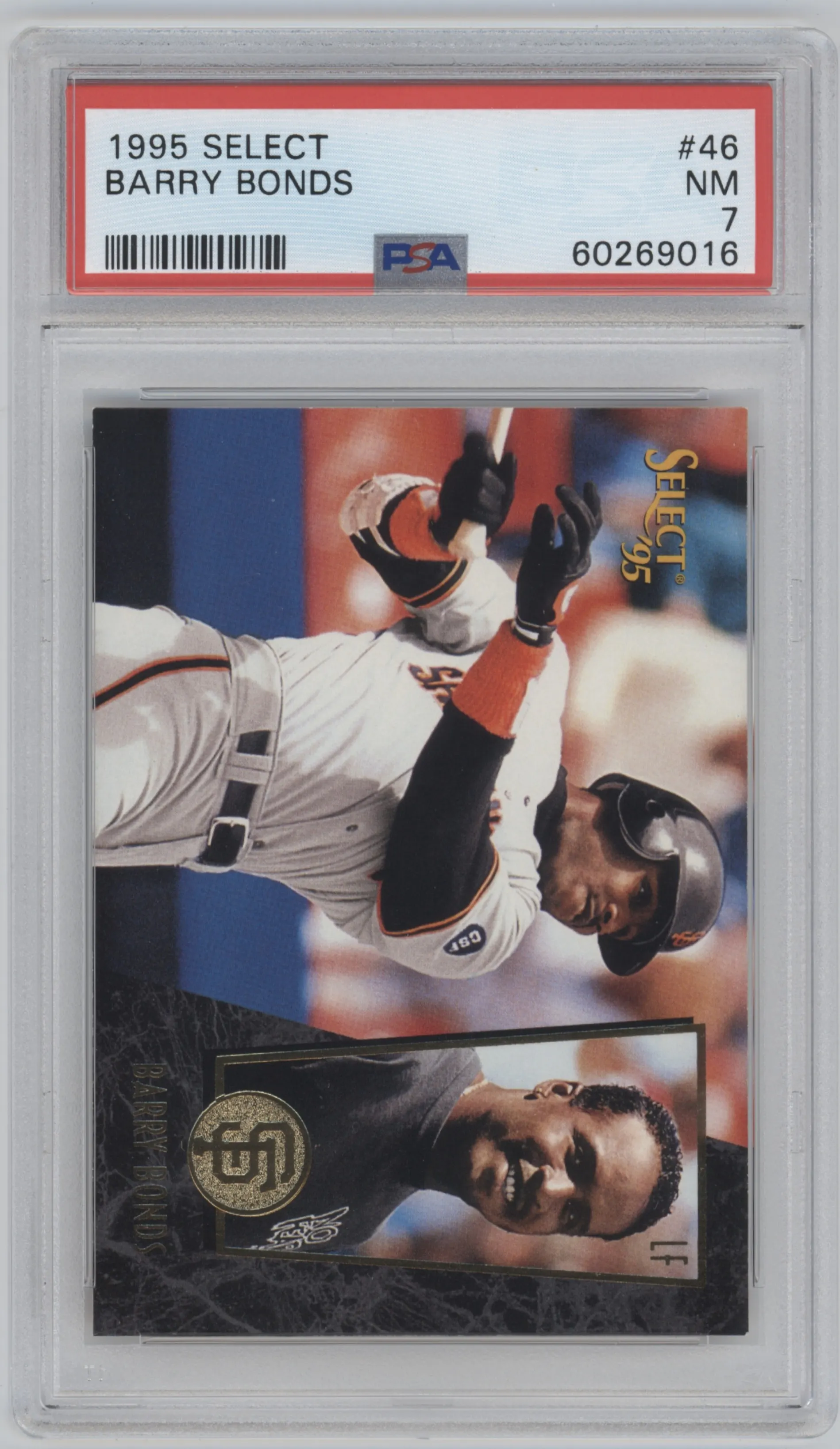 Barry Bonds from the 1995 Select  set graded by PSA and given an overall grade of 7.