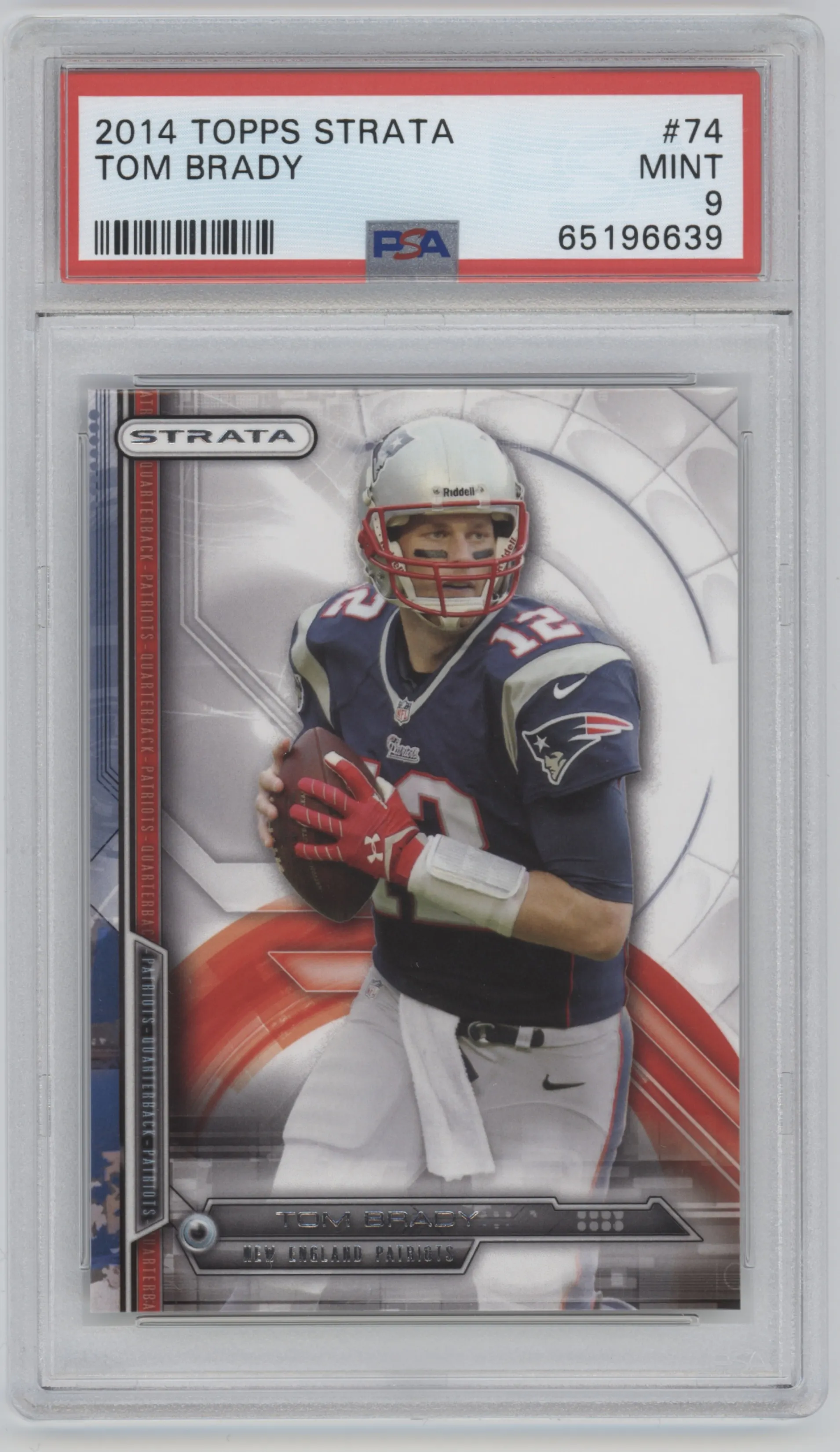 Tom Brady from the 2014 Topps Strata set graded by PSA and given an overall grade of 9.