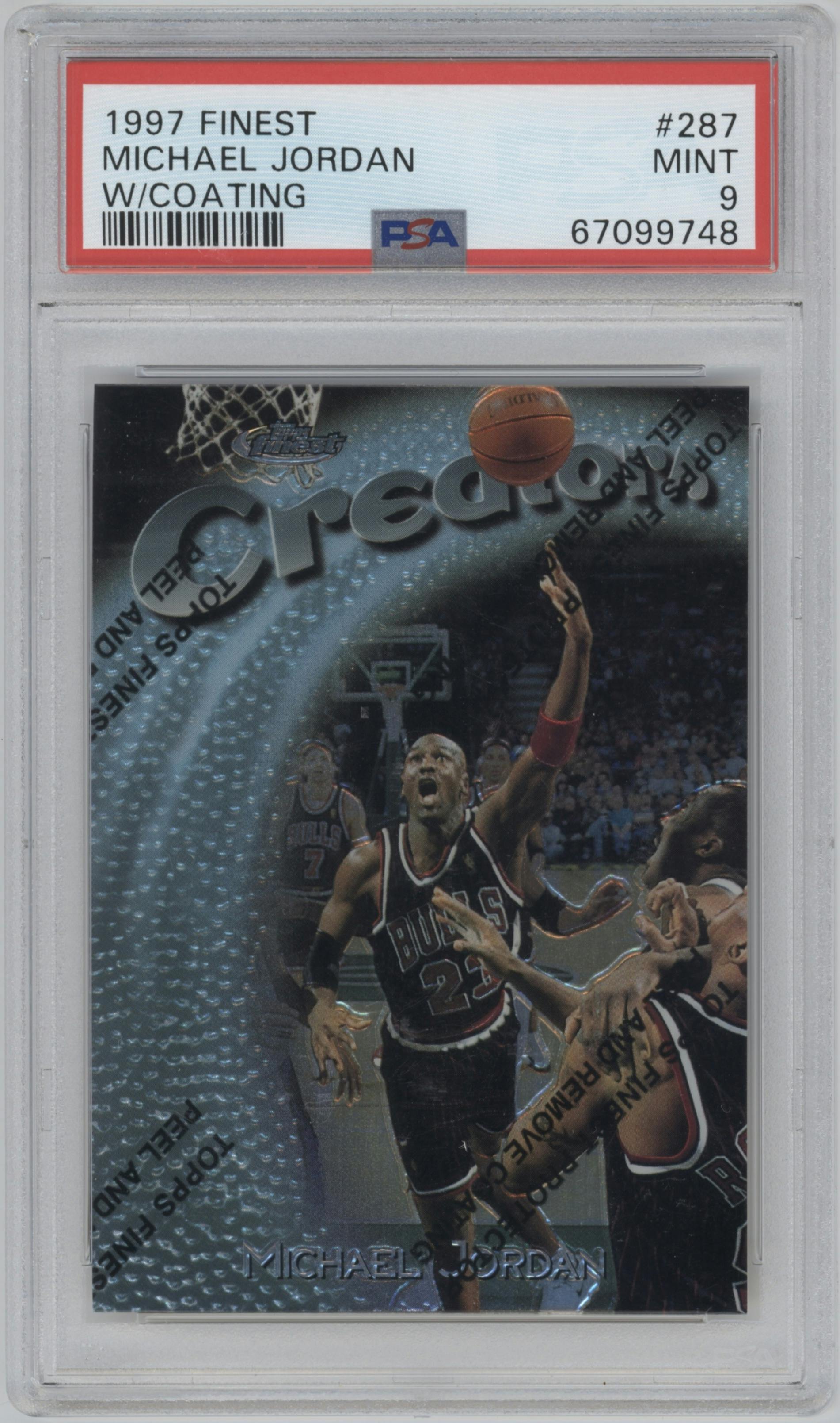 Michael Jordan from the 1997-98 Topps Finest set featuring a W/ Coating parallel graded by PSA and given an overall grade of 9.