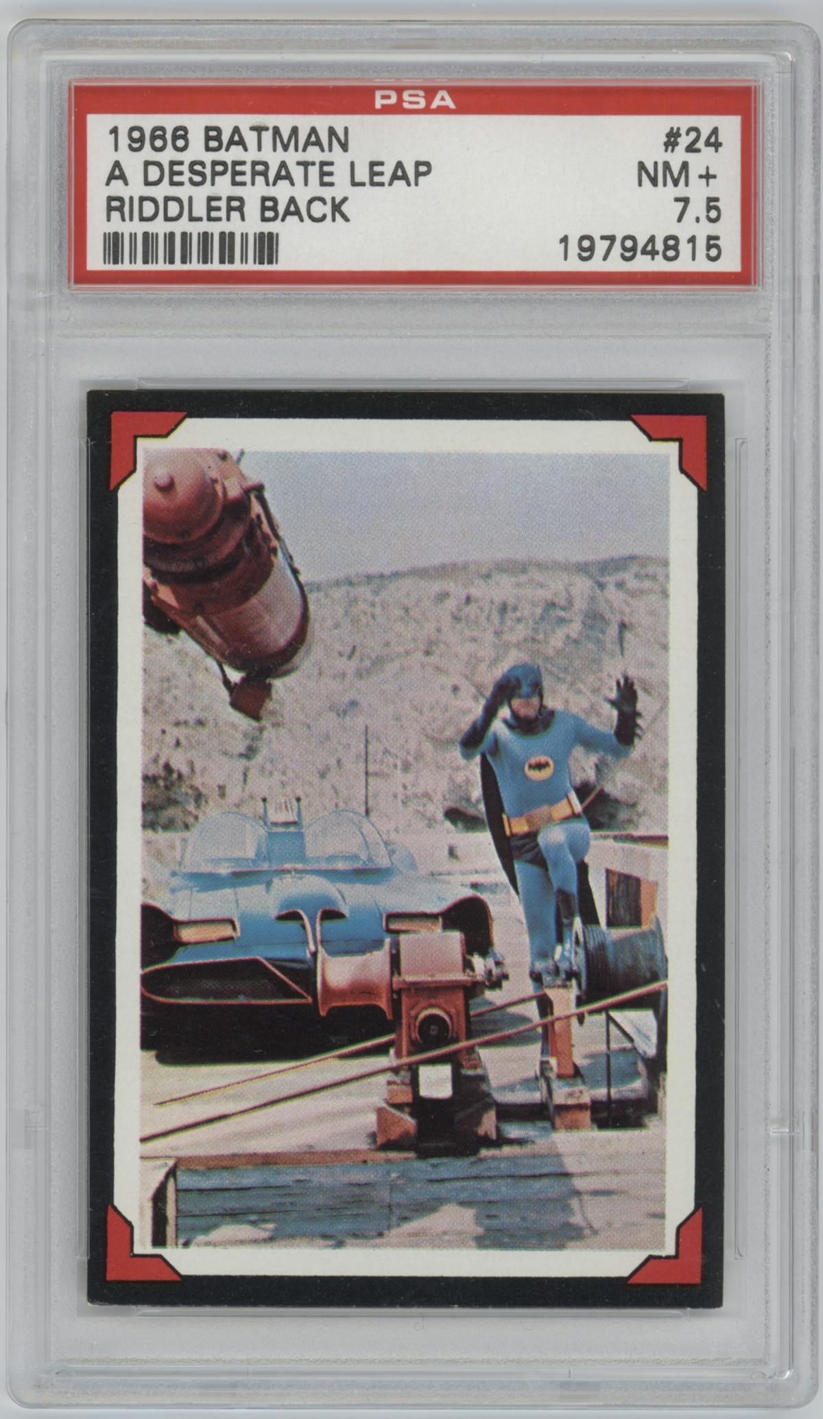 A Desperate Leap from the 1966 Topps Batman Riddler Back set graded by PSA and given an overall grade of 7.5.