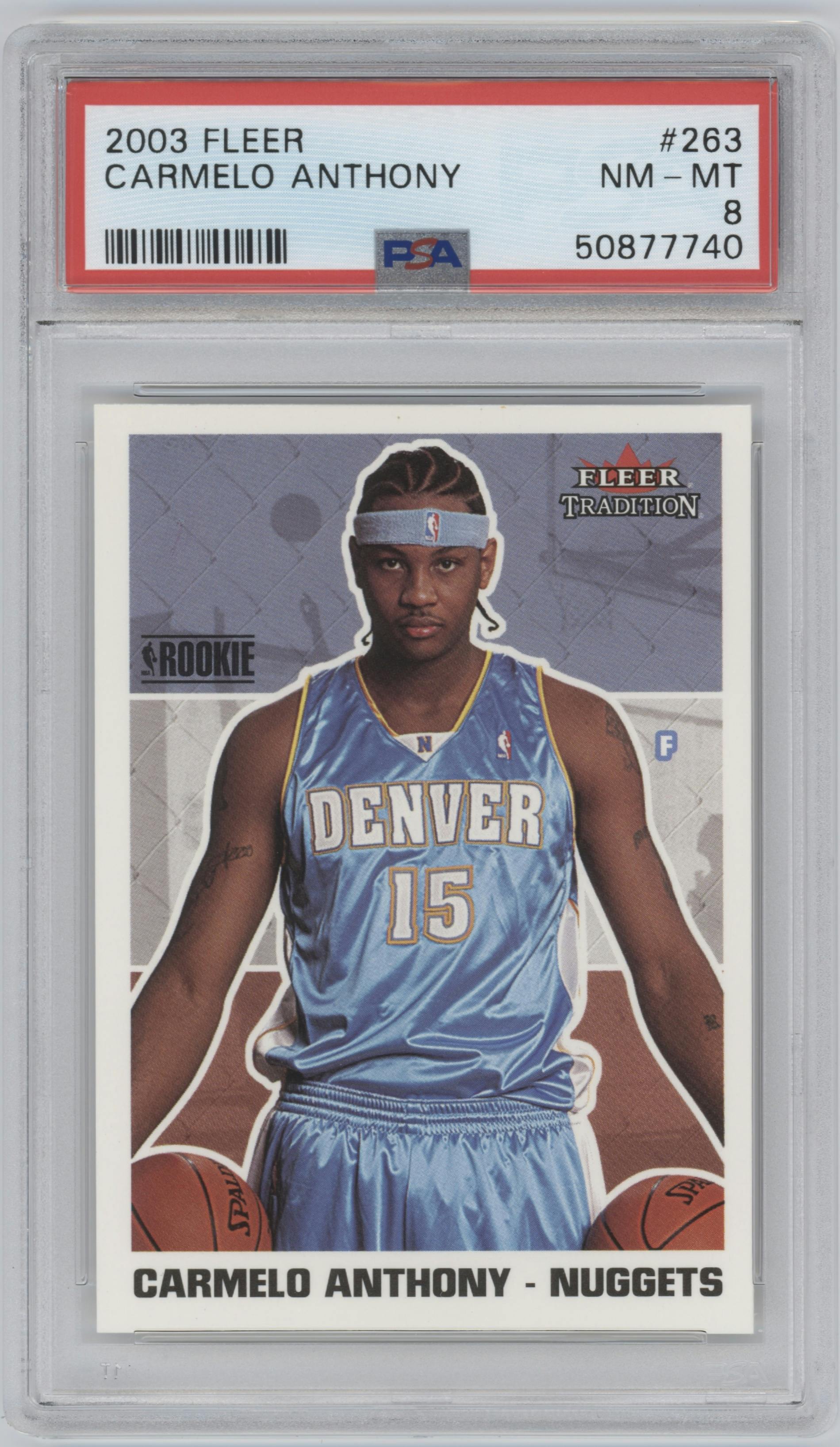 Carmelo Anthony  from the 2003-04 Fleer Tradition set featuring a Chrome parallel graded by PSA and given an overall grade of 8.