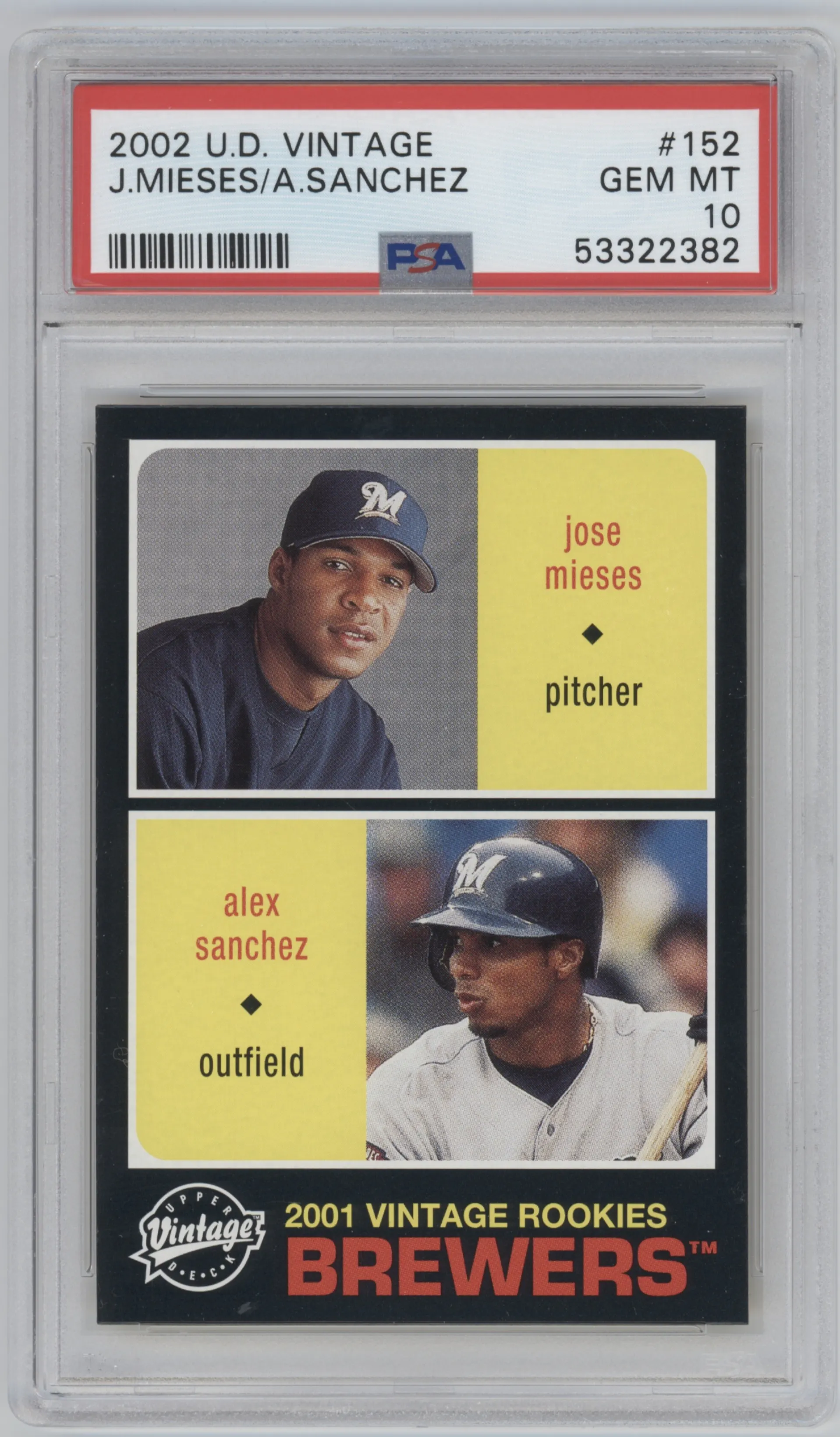 Jose Mieses/Alex Sanchez from the 2002 Upper Deck Vintage set graded by PSA and given an overall grade of 10.