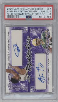 Giannis Antetokounmpo / Aaron Rodgers from the 2020 Leaf Signature Series set featuring a Purple parallel graded by PSA and given an overall grade of 8.