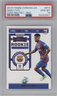 Ansu Fati from the 2019-20 Panini Chronicles set featuring a Red parallel graded by PSA and given an overall grade of 10.