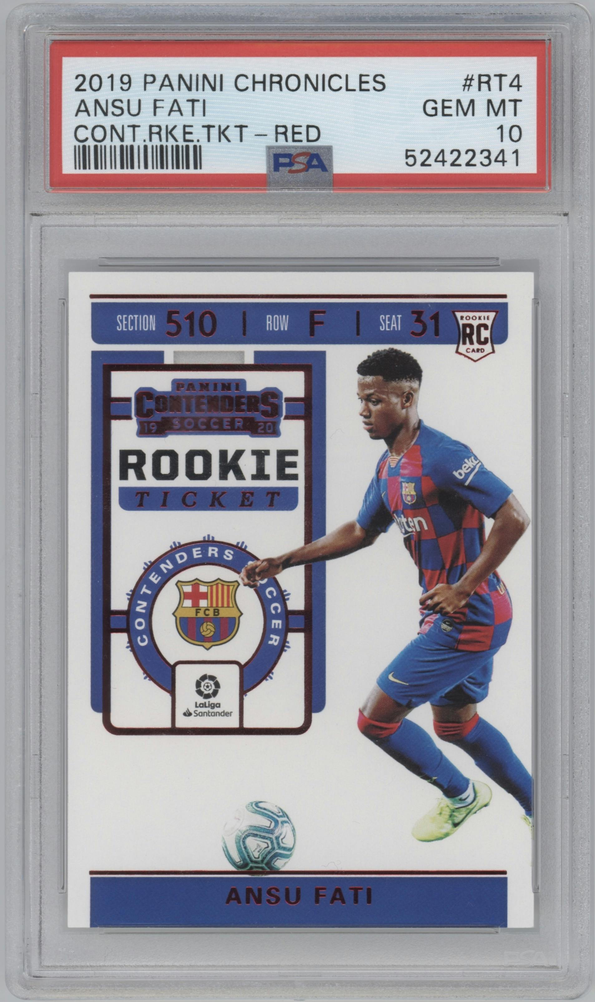 Ansu Fati from the 2019-20 Panini Chronicles set featuring a Red parallel graded by PSA and given an overall grade of 10.