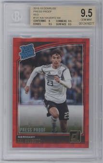 Kai Havertz from the 2018-19 Panini Donruss set featuring a Press Proof Red parallel graded by Beckett and given an overall grade of 9.5.