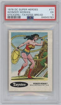 Wonder Woman from the 1978 Taystee DC Super Heroes Stickers set graded by PSA and given an overall grade of 5.