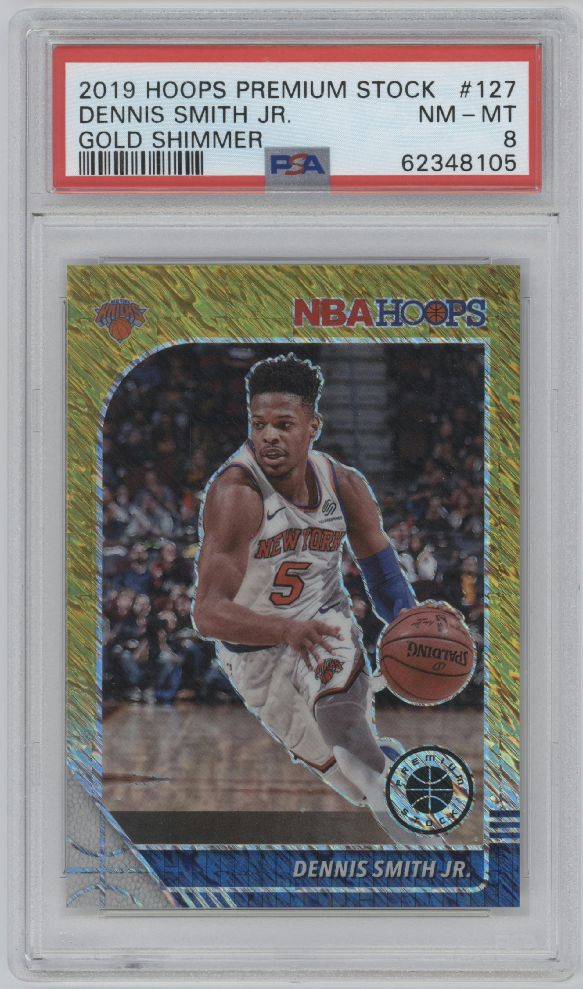 Dennis Smith Jr. from the 2019-20 Panini Hoops Premium Stock set featuring a Gold Shimmer parallel graded by PSA and given an overall grade of 8.