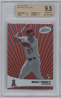Mike Trout from the 2011 E-Topps set graded by Beckett and given an overall grade of 9.5.