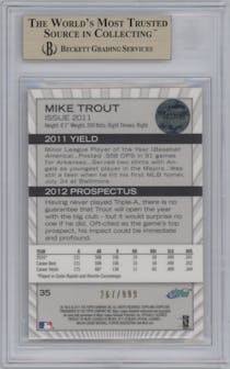 Mike Trout from the 2011 E-Topps set graded by Beckett and given an overall grade of 9.5.