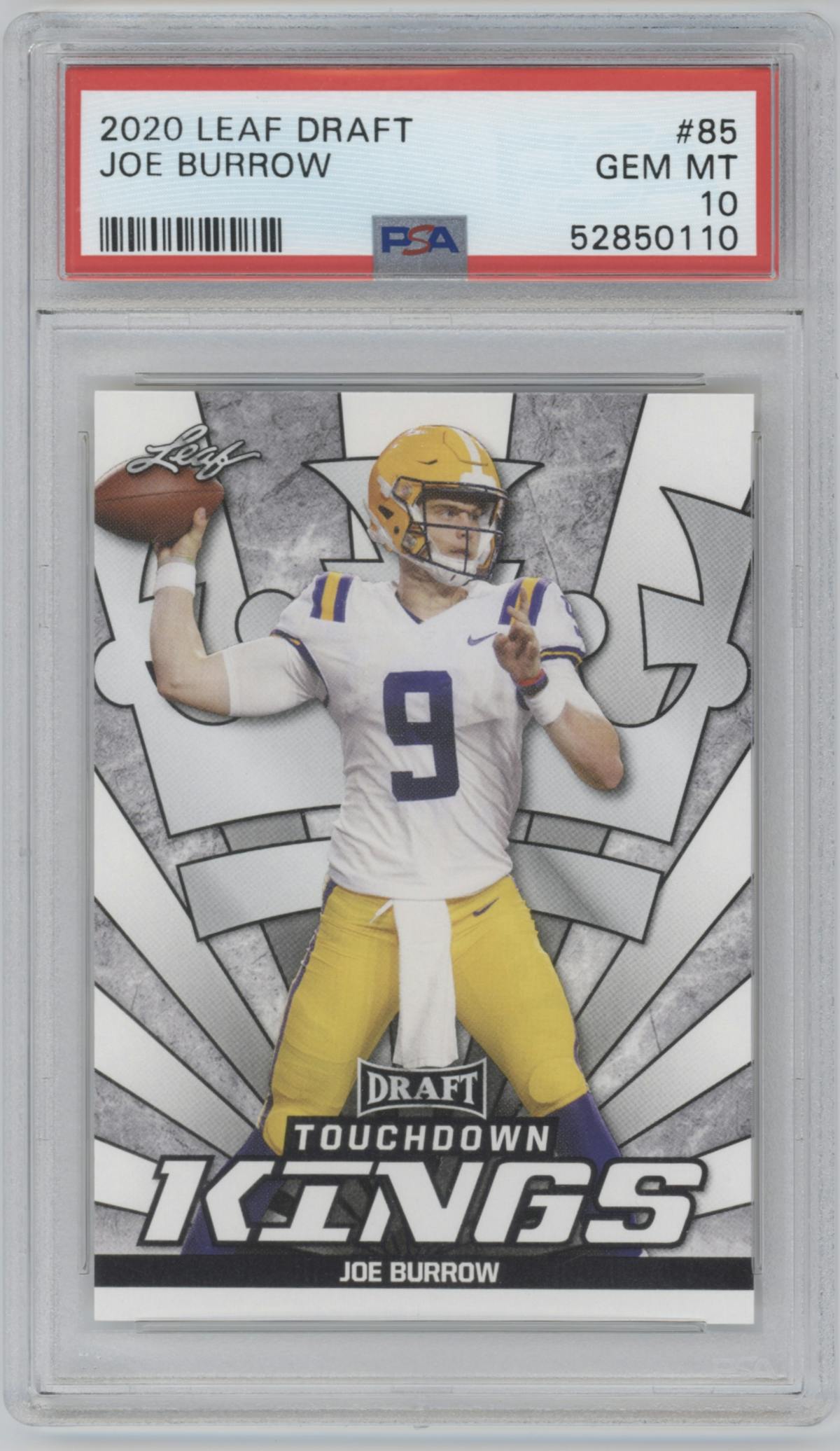 Joe Burrow from the 2020 Leaf Draft set graded by PSA and given an overall grade of 10.