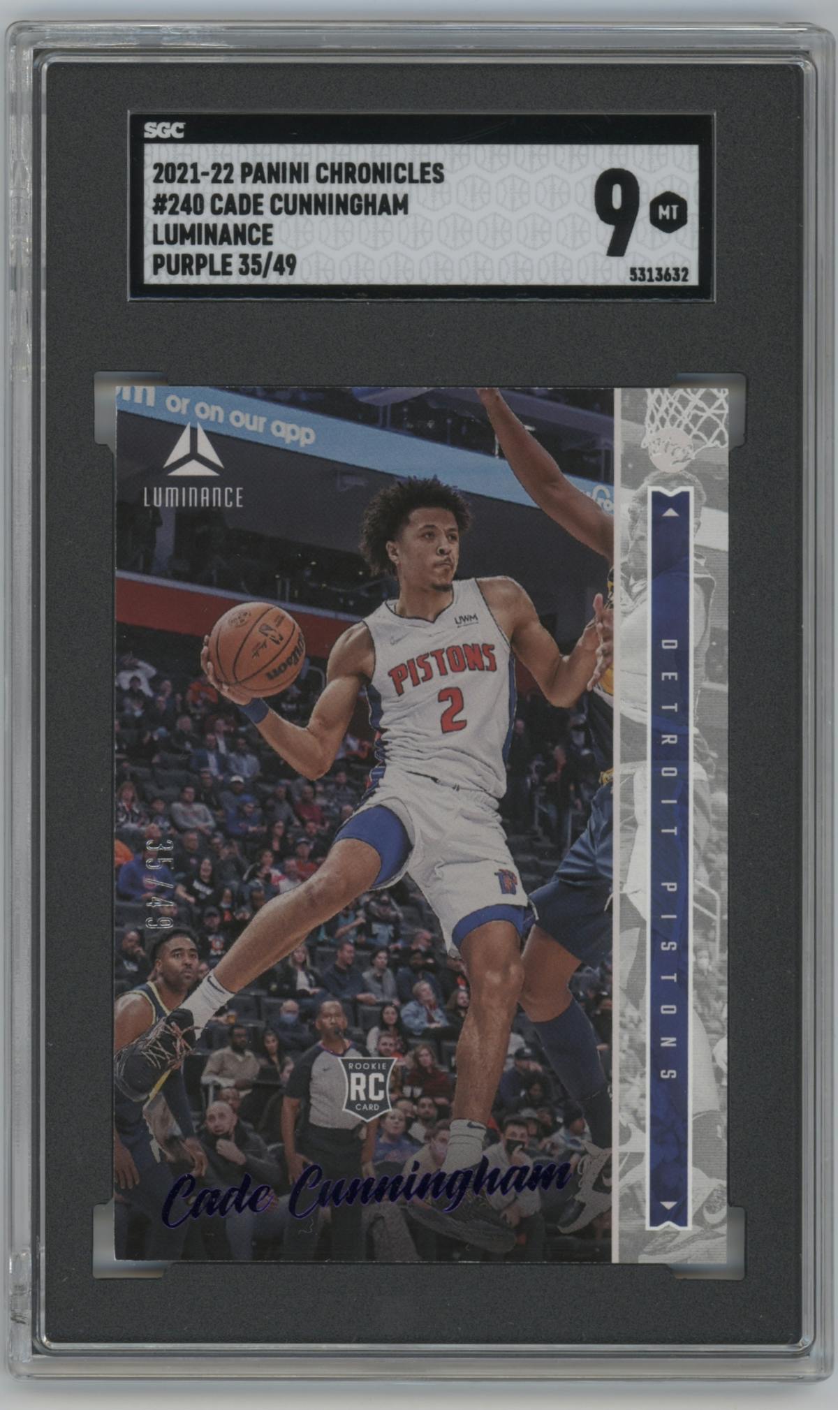 Cade Cunningham from the 2021-22 Panini Chronicles set featuring a Purple parallel graded by SGC and given an overall grade of 9.