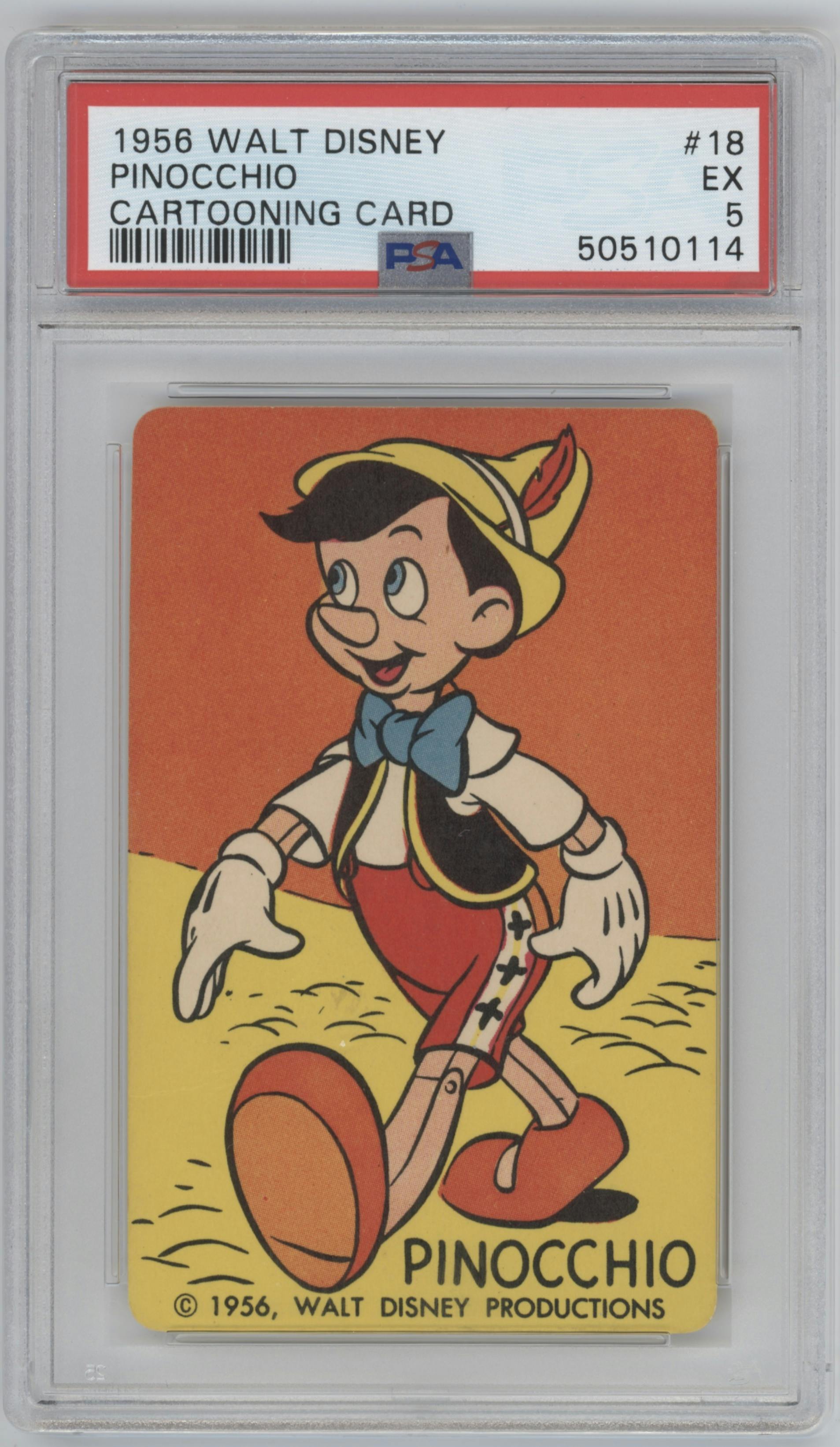 Pinocchio from the 1956 Walt Disney Cartooning Card set graded by PSA and given an overall grade of 5.