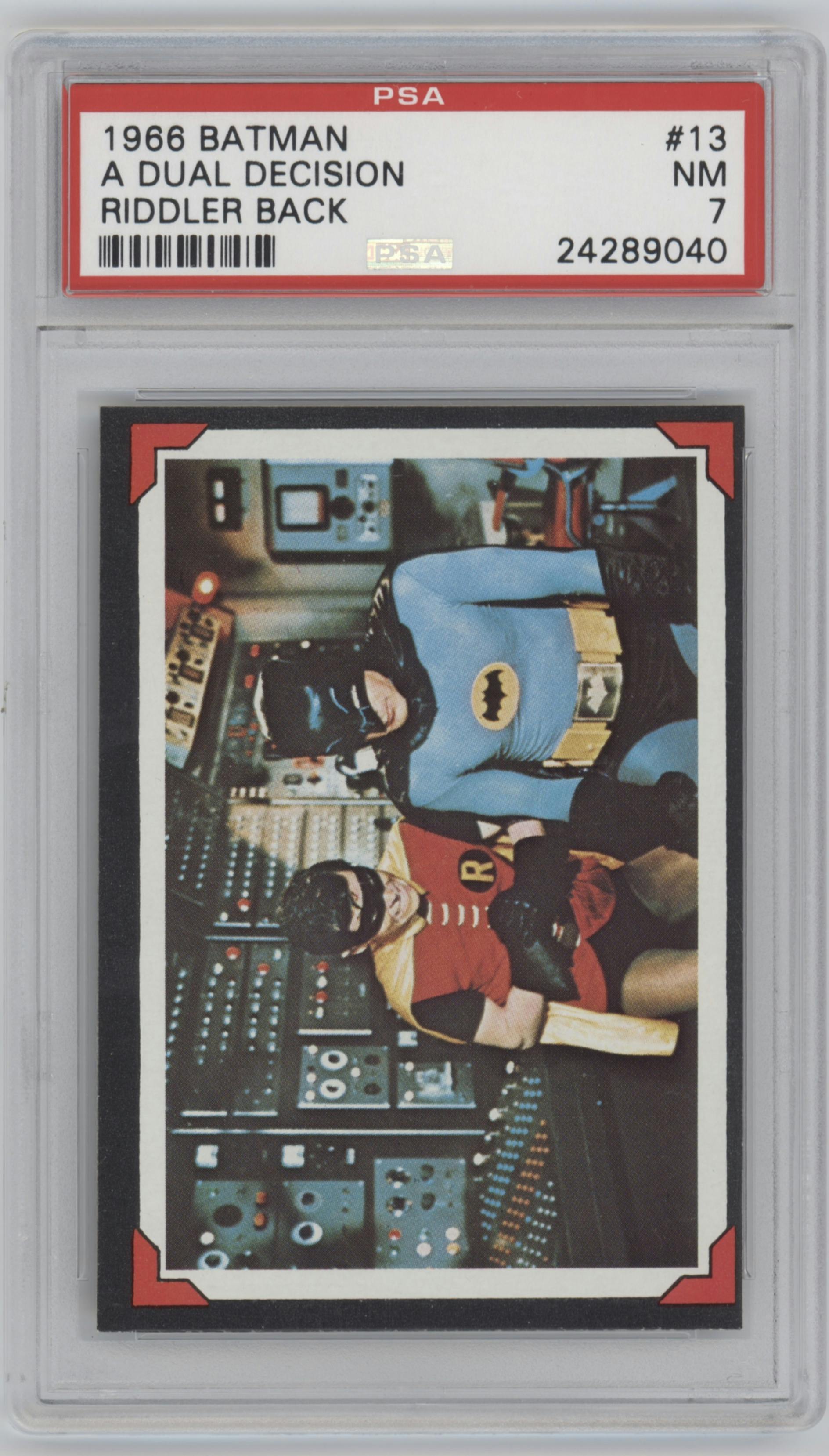 A Dual Decision from the 1966 Topps Batman Riddler Back set graded by PSA and given an overall grade of 7.
