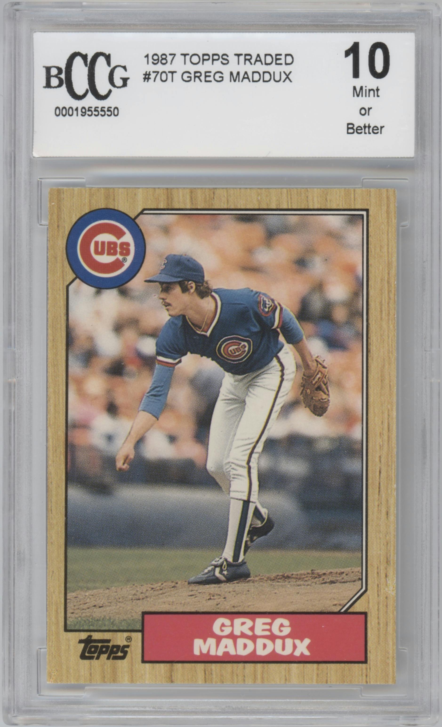 Greg Maddux from the 1987 Topps Traded set graded by Beckett and given an overall grade of 10.