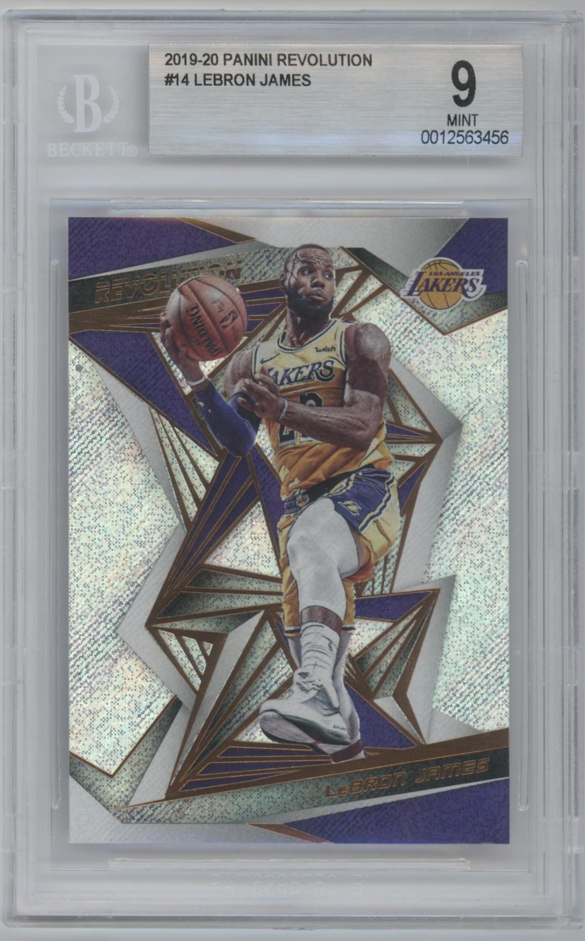LeBron James from the 2019-20 Panini Revolution Basketball set graded by Beckett and given an overall grade of 9.