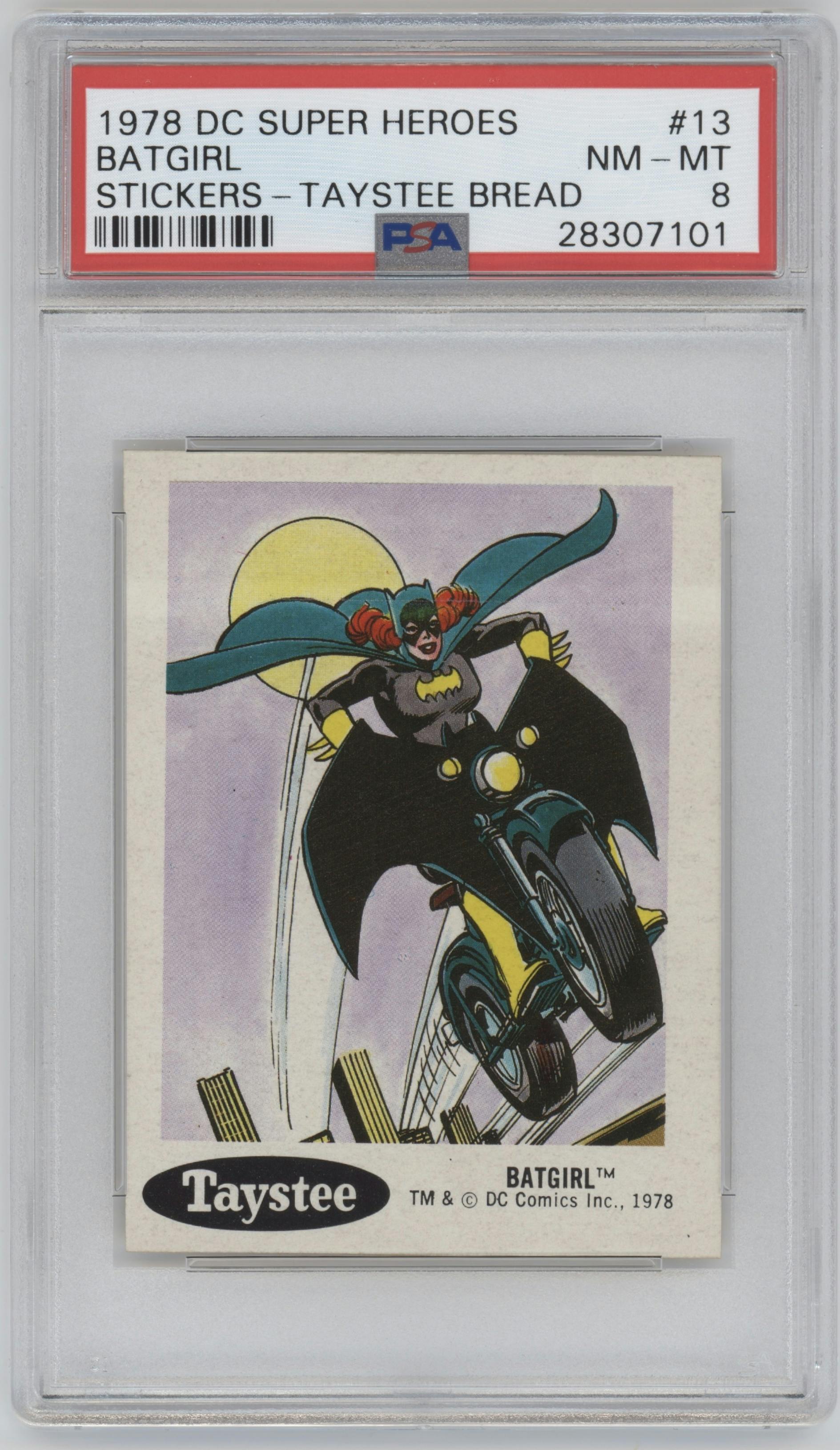 Batgirl from the 1978 Taystee DC Super Heroes Stickers set graded by PSA and given an overall grade of 8.