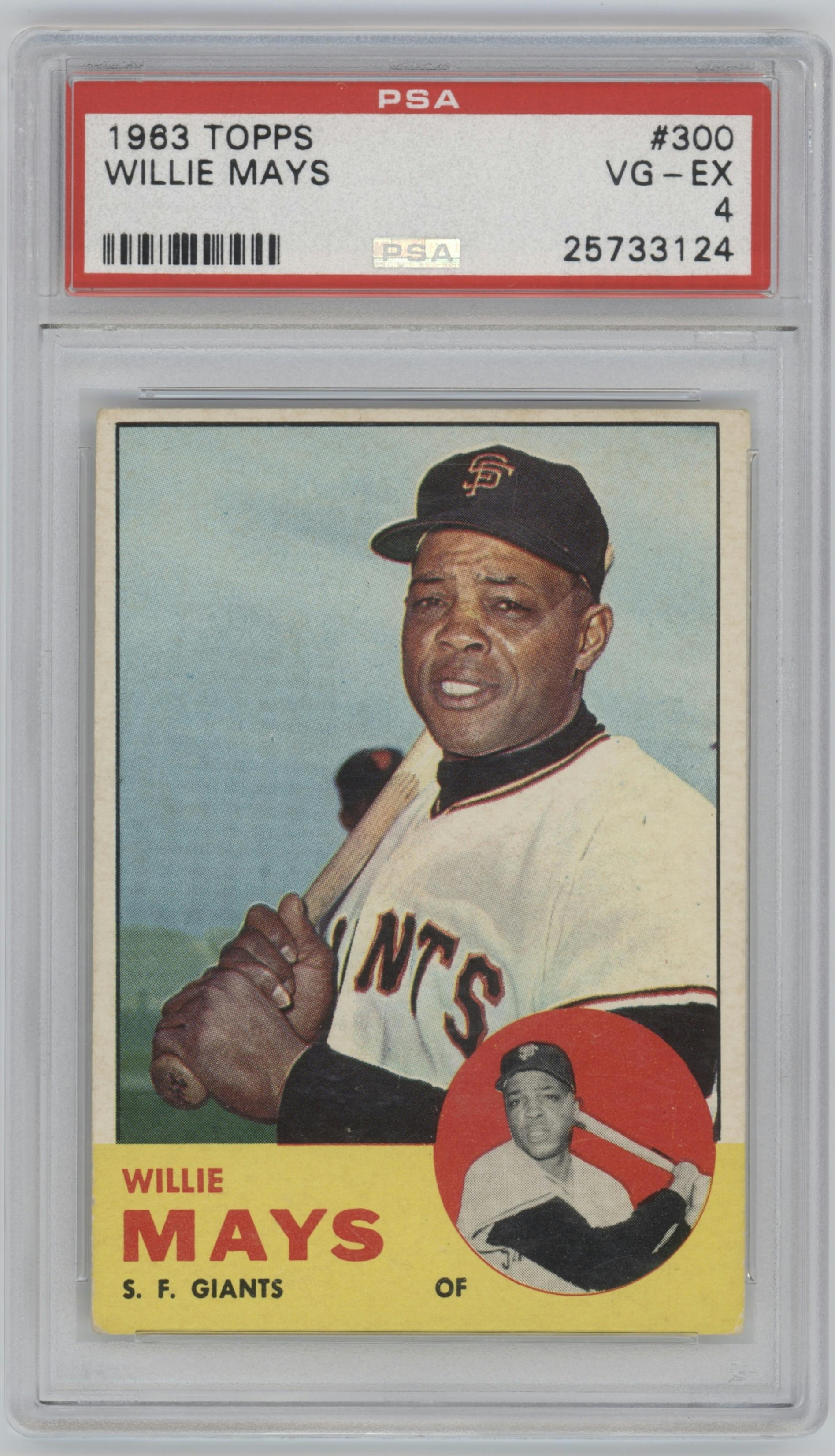 Willie Mays from the 1963 Topps set graded by PSA and given an overall grade of 4.