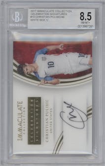 Christian Pulisic from the 2017 Panini Immaculate Collection set featuring a White Box parallel graded by Beckett and given an overall grade of 8.5.