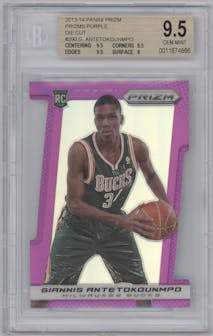 Giannis Antetokounmpo from the 2013-14 Panini Prizm set featuring a Purple Die-Cut Prizm parallel graded by Beckett and given an overall grade of 9.5.