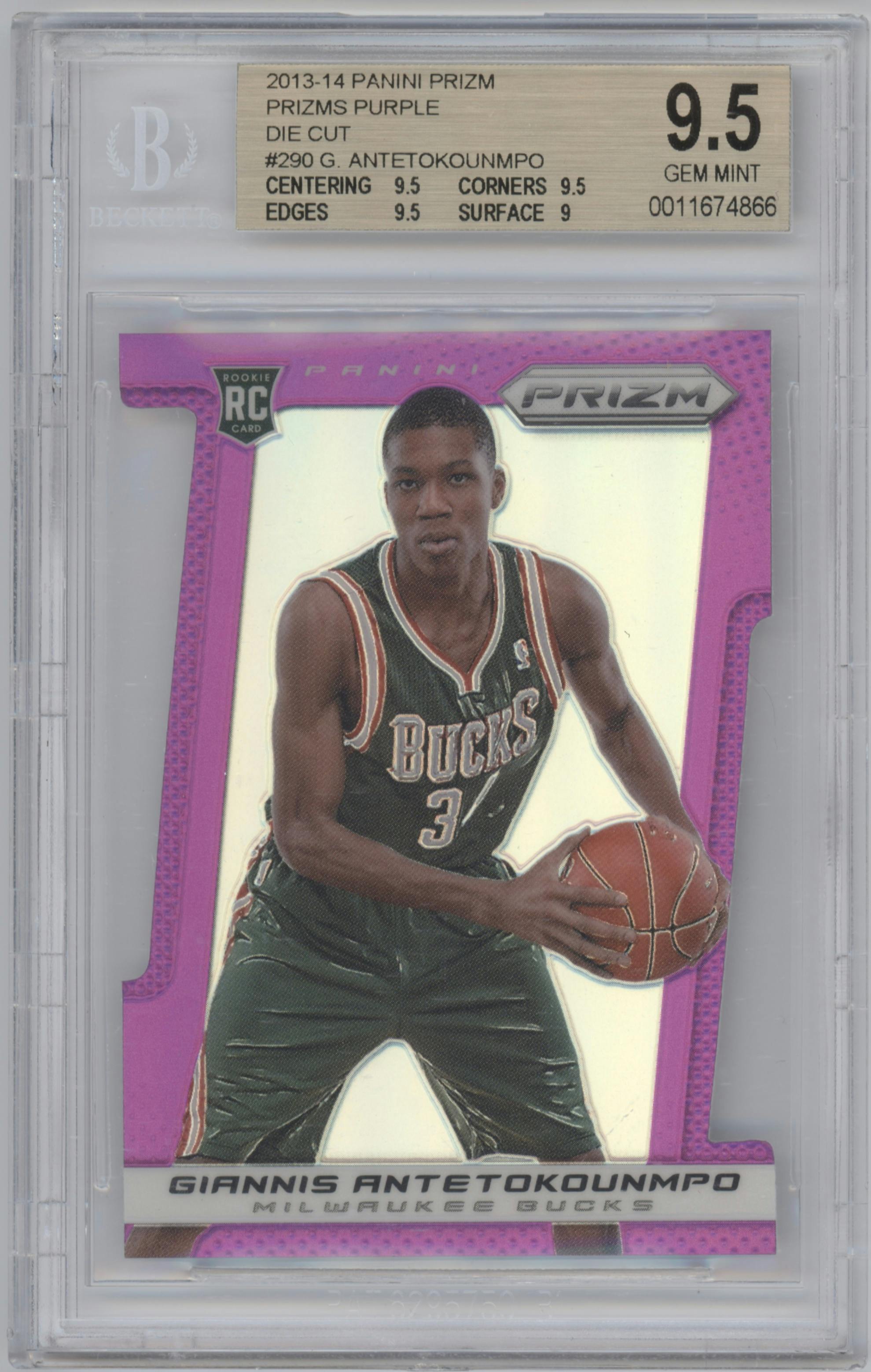 Giannis Antetokounmpo from the 2013-14 Panini Prizm set featuring a Purple Die-Cut Prizm parallel graded by Beckett and given an overall grade of 9.5.