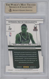 Giannis Antetokounmpo from the 2013-14 Panini Prizm set featuring a Purple Die-Cut Prizm parallel graded by Beckett and given an overall grade of 9.5.