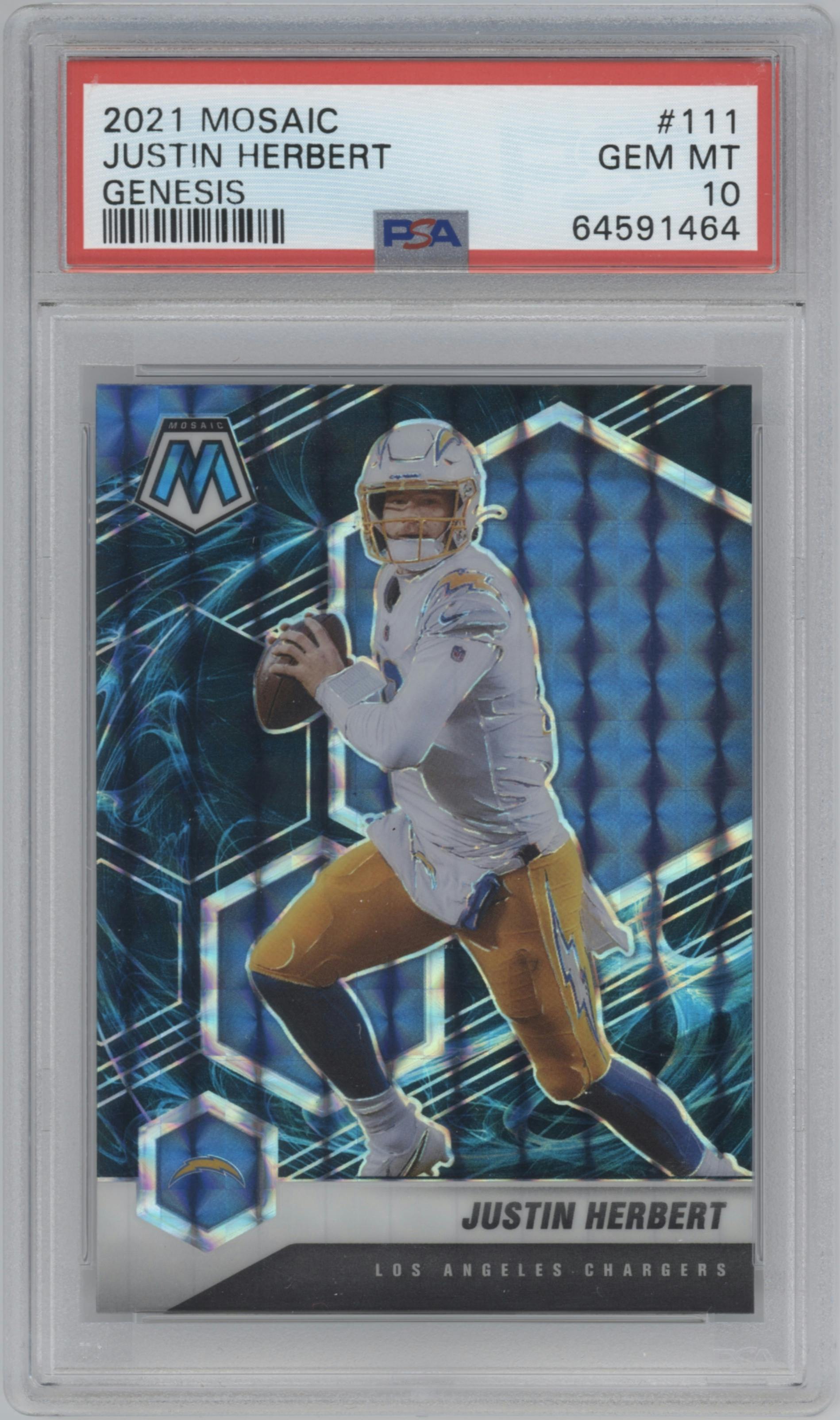 Justin Herbert from the 2021 Panini Mosaic set featuring a Genesis parallel graded by PSA and given an overall grade of 10.