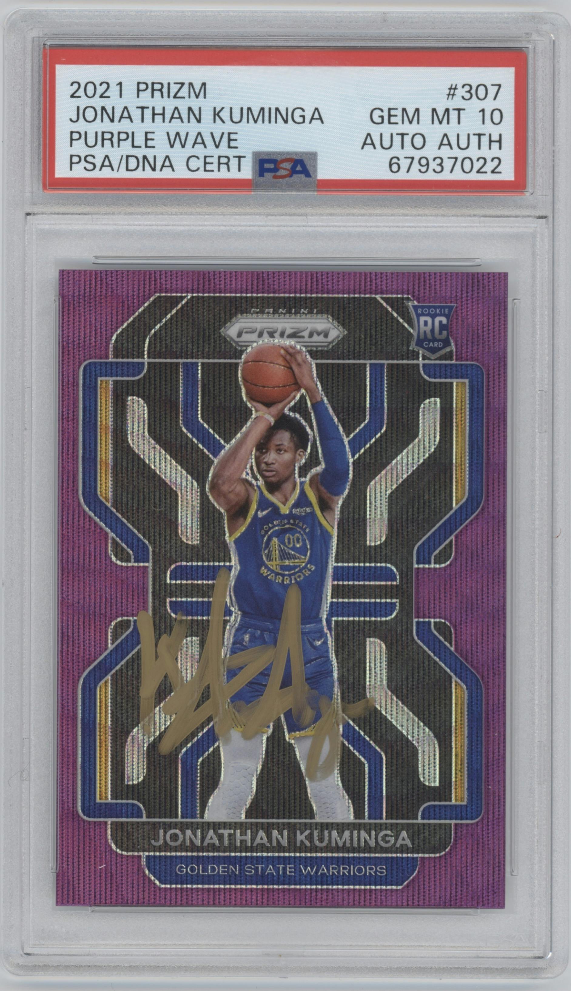  Jonathan Kuminga  from the 2021-22 Panini Prizm  set featuring a Purple Wave parallel graded by PSA and given an overall grade of 10.