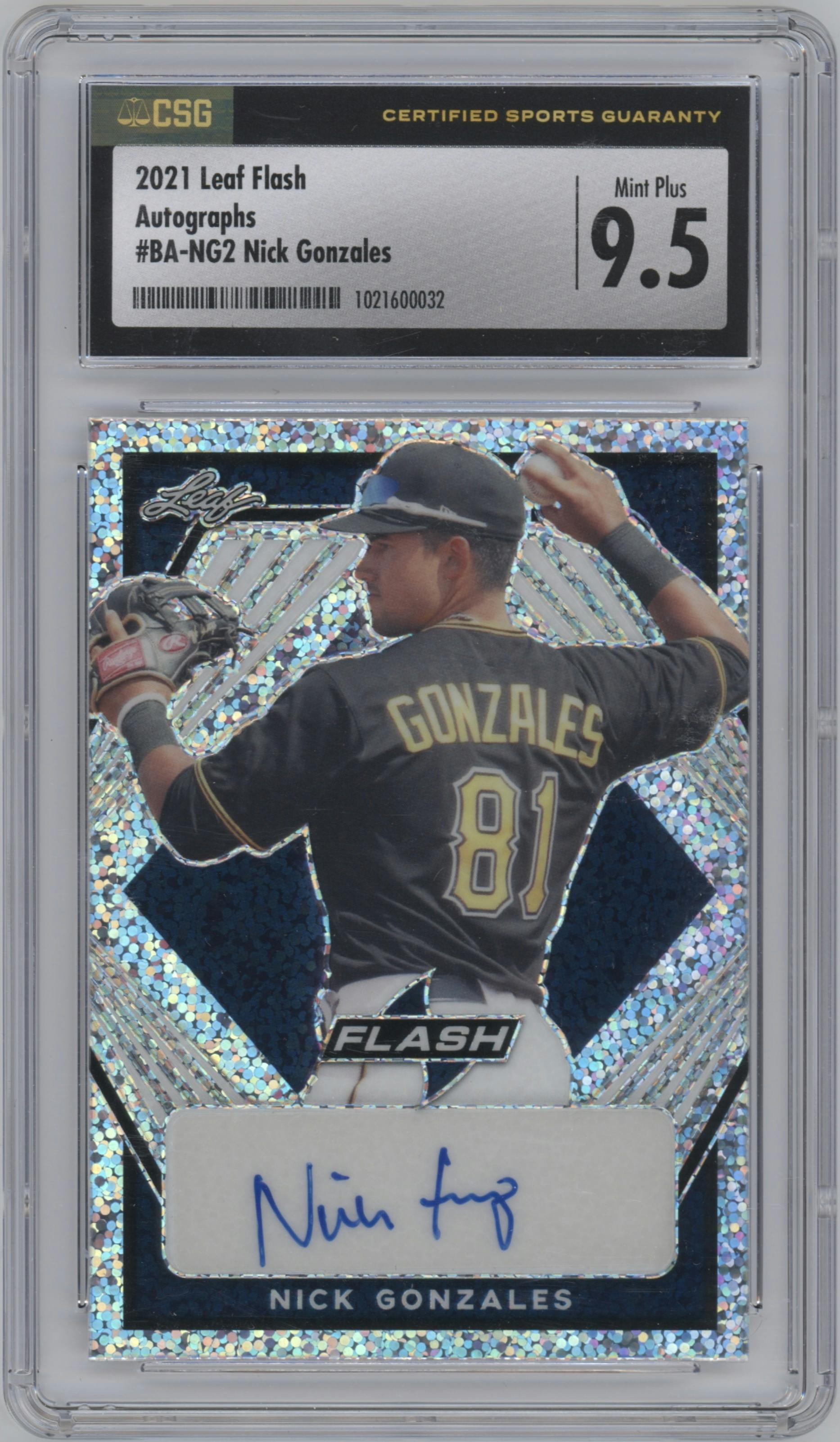 Nick Gonzales from the 2021 Leaf Flash set featuring a Navy parallel graded by CSG and given an overall grade of 9.5.