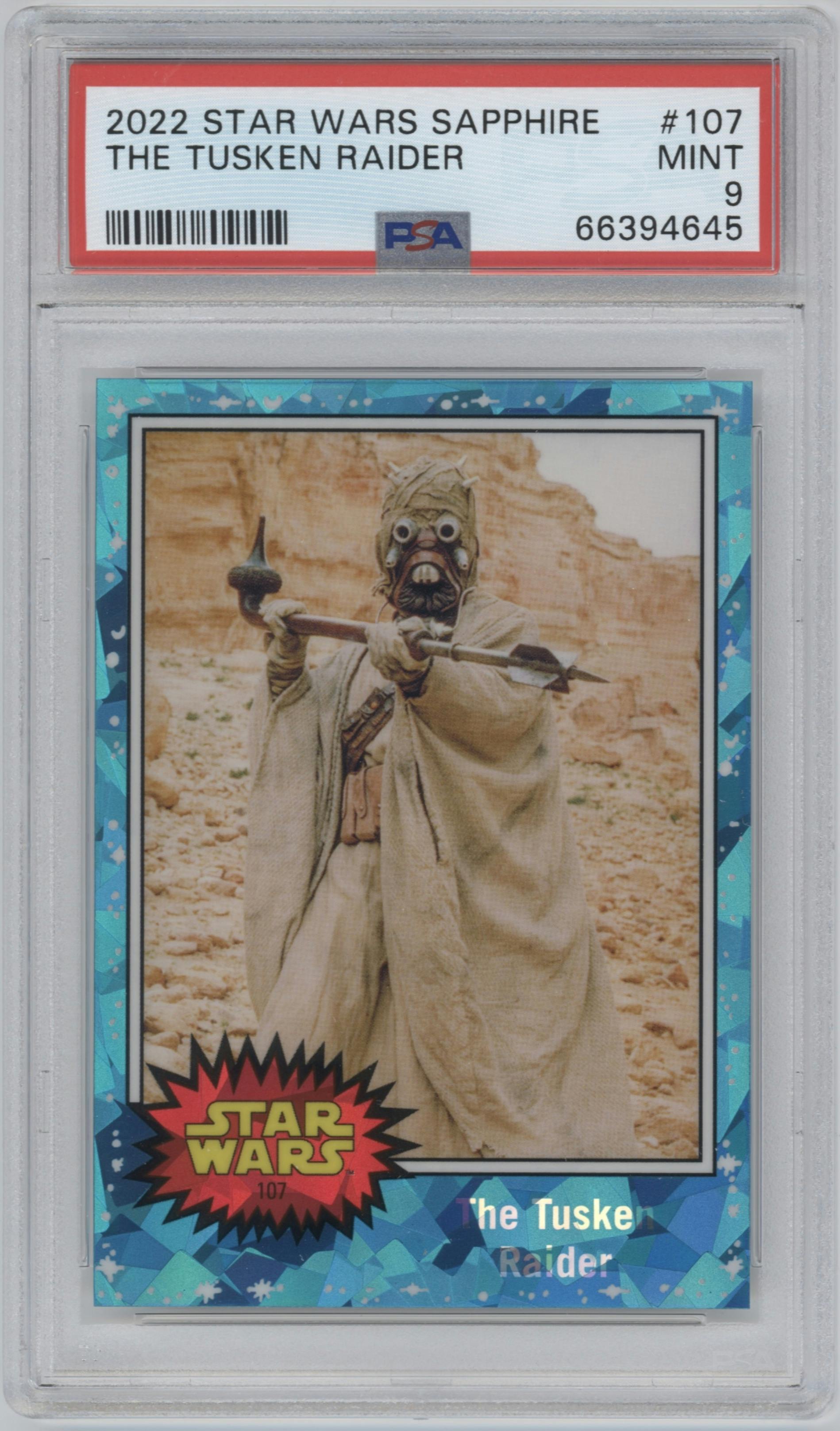 The Tusken Raider from the 2022 Topps Chrome Star Wars Sapphire set graded by PSA and given an overall grade of 9.