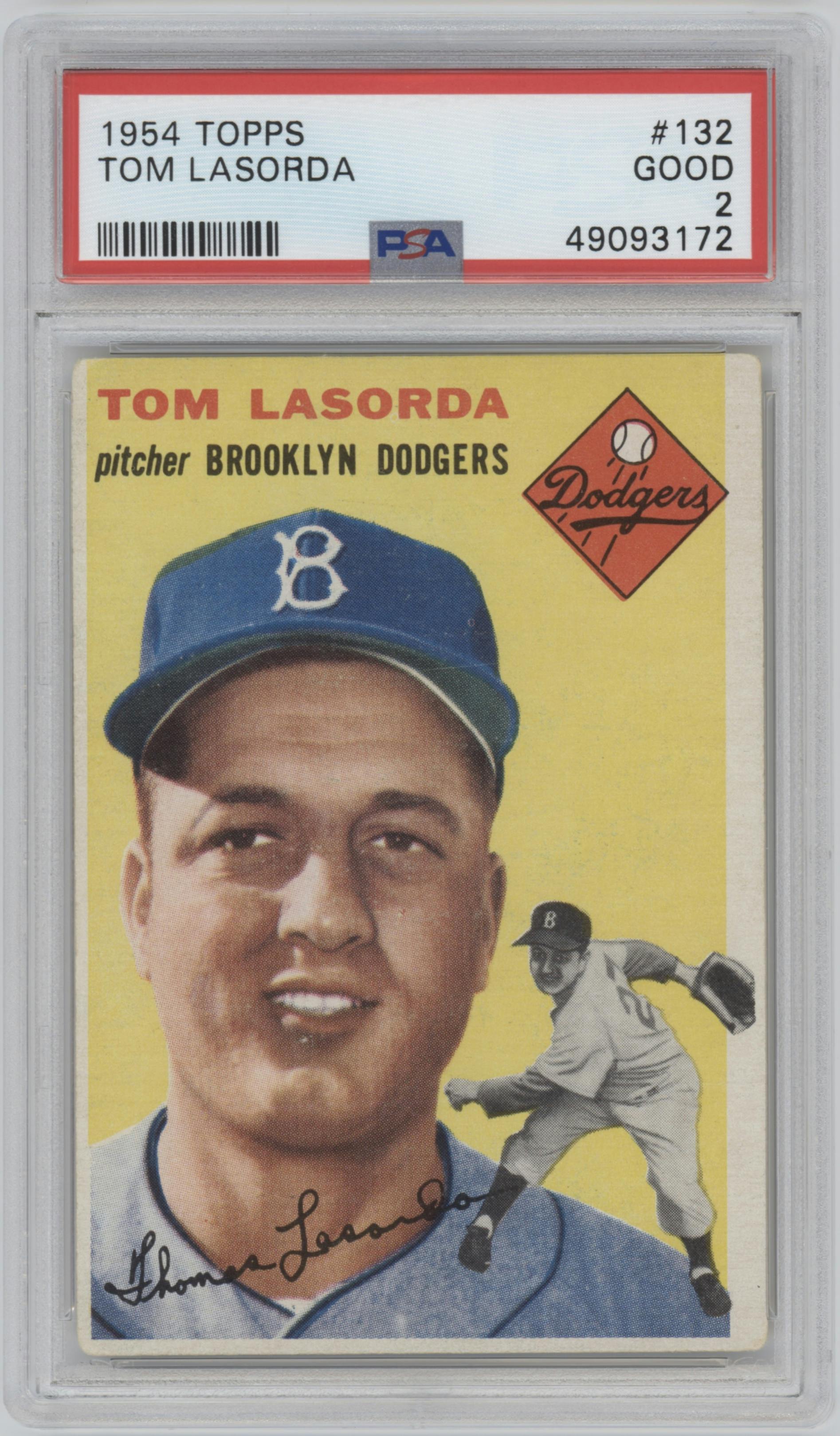 Tom Lasorda from the 1954 Topps Baseball set graded by PSA and given an overall grade of 2.