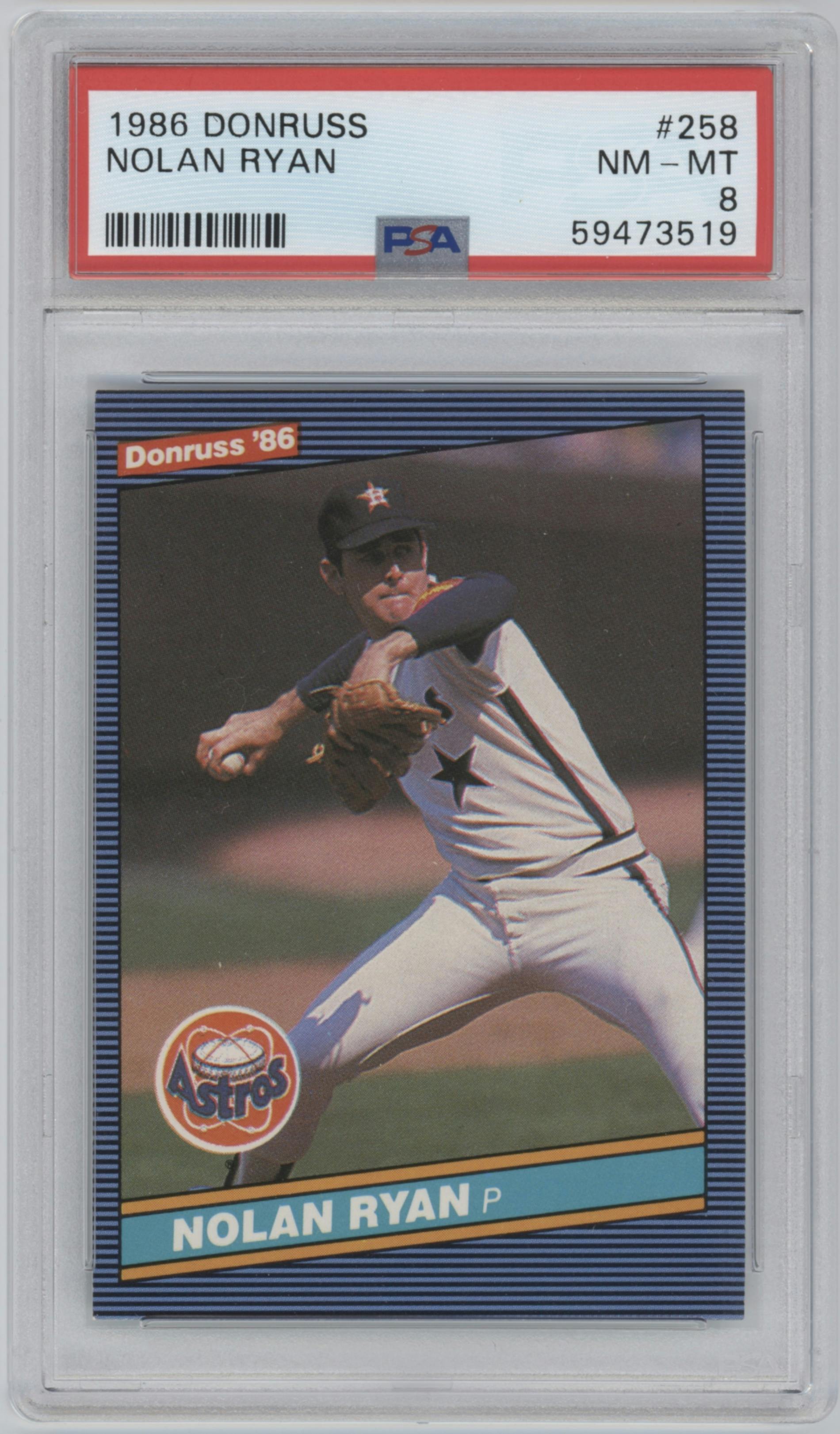 Nolan Ryan from the 1986 Donruss set graded by PSA and given an overall grade of 8.