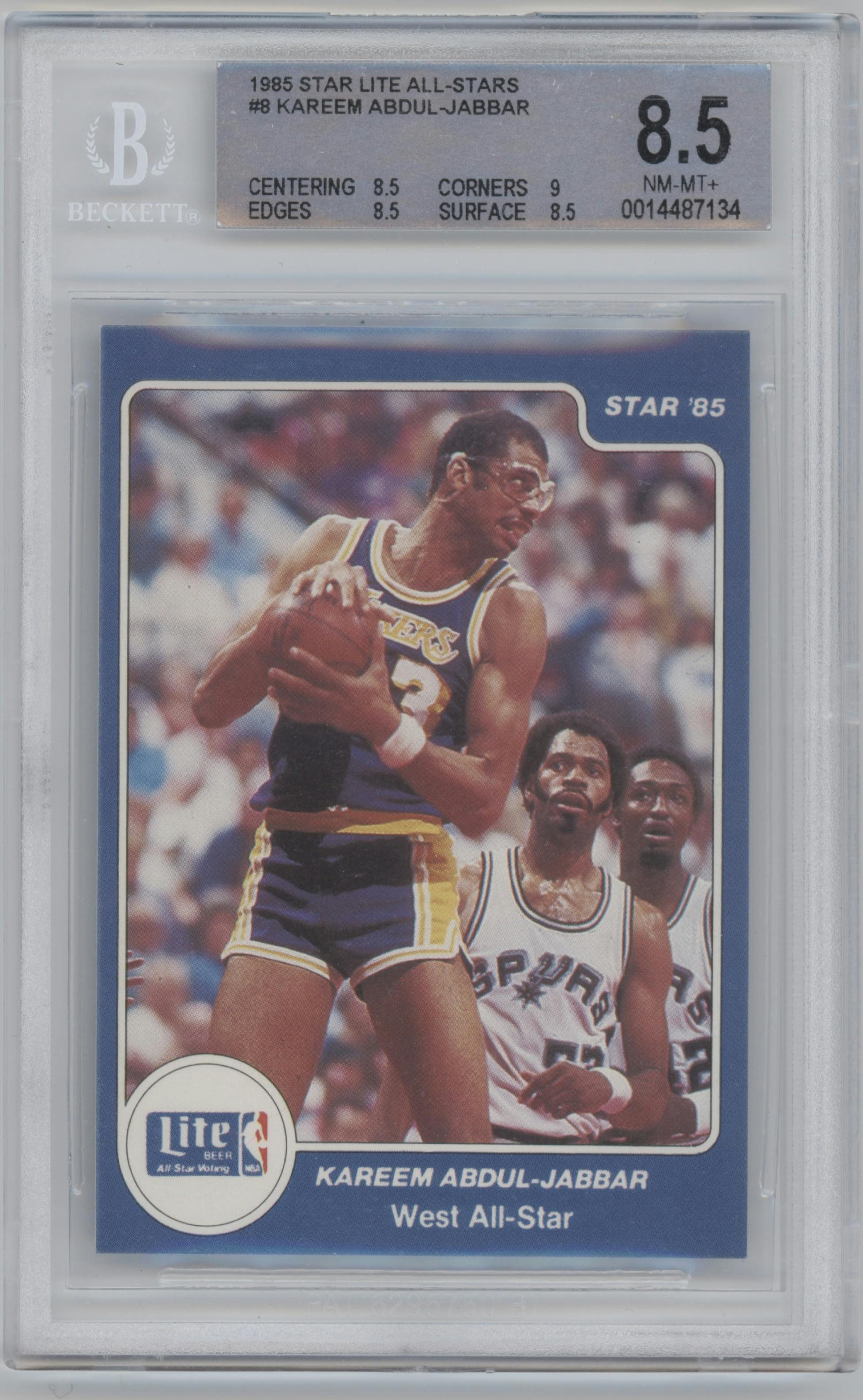 Kareem Abdul-Jabbar from the 1985 Star Lite set graded by Beckett and given an overall grade of 8.5.