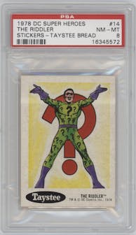 The Riddler from the 1978 Taystee DC Super Heroes Stickers set graded by PSA and given an overall grade of 8.