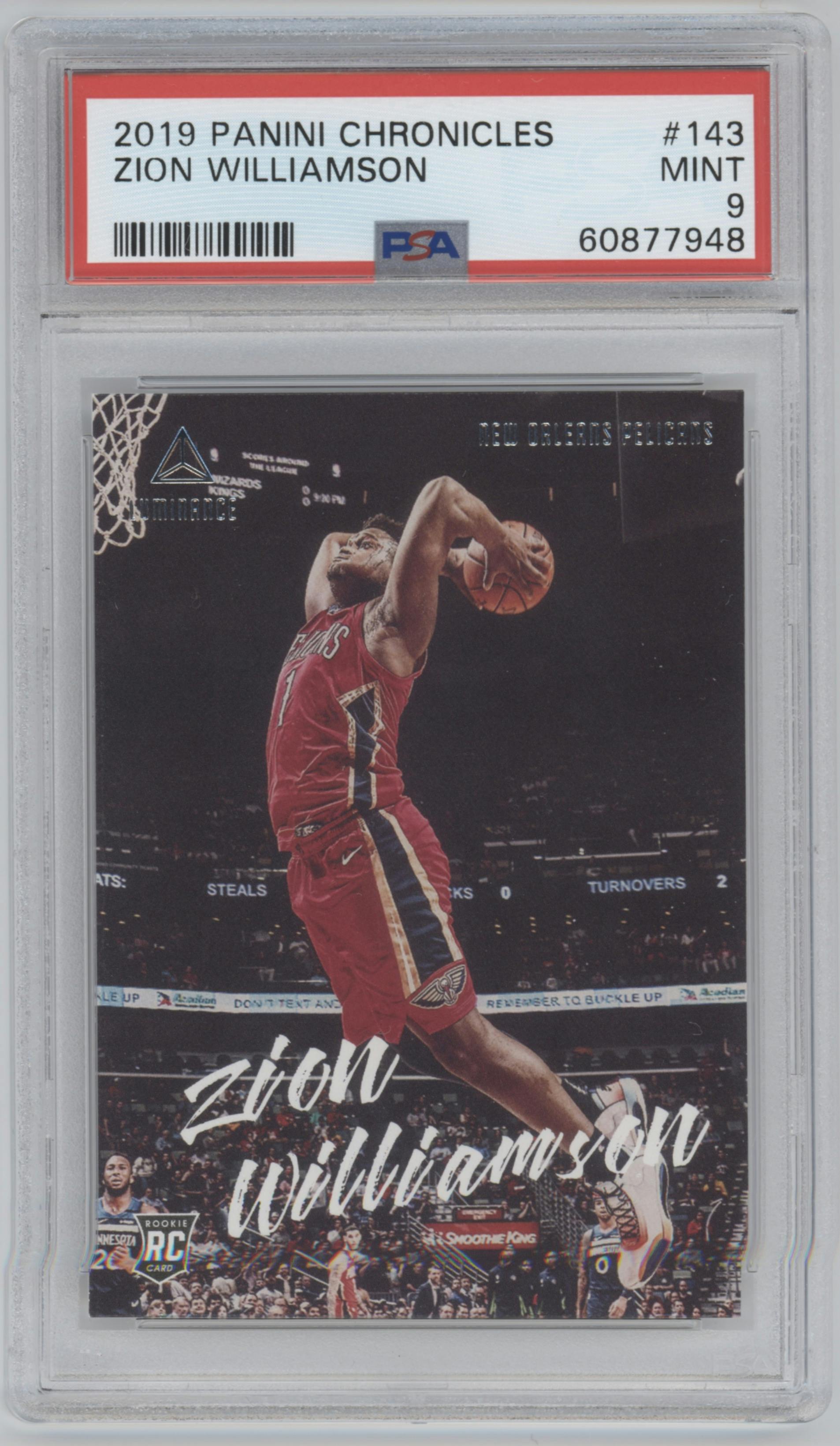 Zion Williamson from the 2019-20 Panini Chronicles  set graded by PSA and given an overall grade of 9.