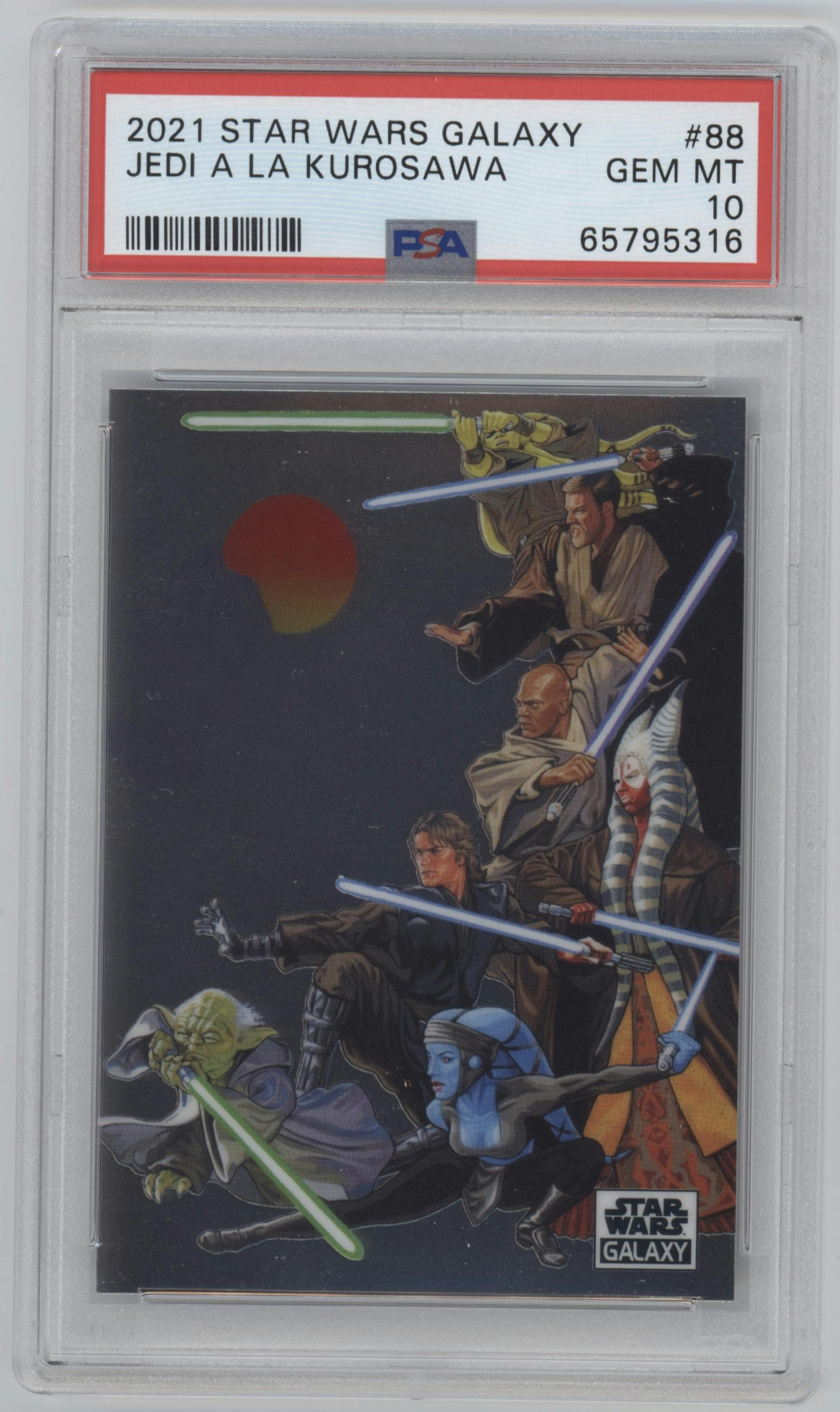 Jedi a la Kurosawa from the 2021 Topps Chrome Star Wars Galaxy set graded by PSA and given an overall grade of 10.