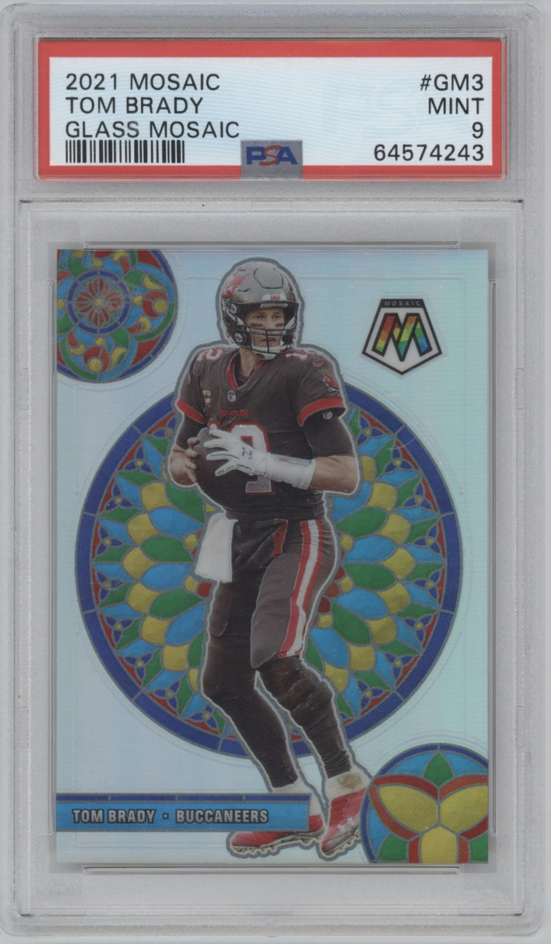Tom Brady from the 2021 Panini Mosaic set graded by PSA and given an overall grade of 9.