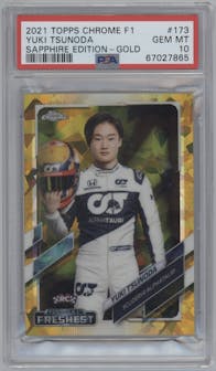 Yuki Tsunoda from the 2021 Topps Chrome F1 Sapphire set featuring a Gold parallel graded by PSA and given an overall grade of 10.