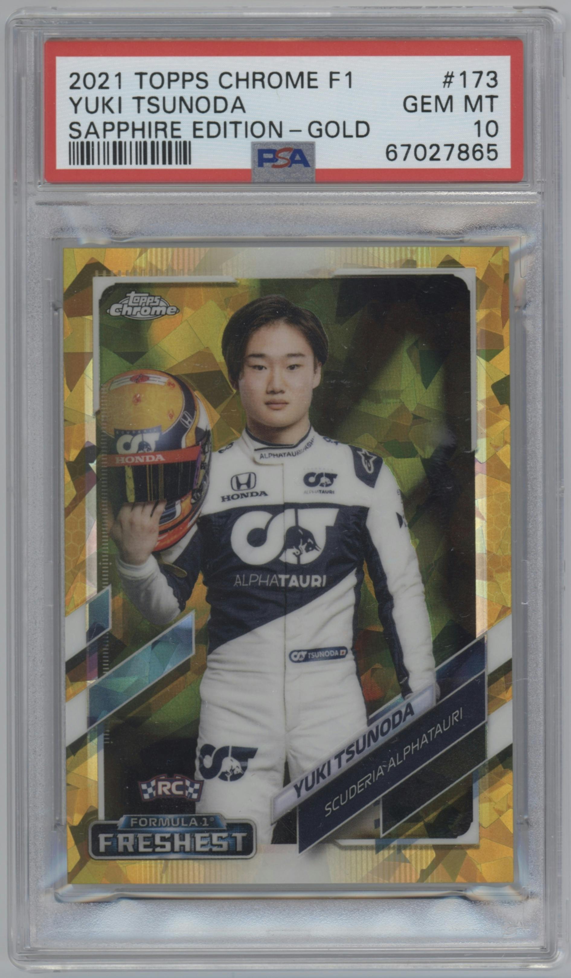 Yuki Tsunoda from the 2021 Topps Chrome F1 Sapphire set featuring a Gold parallel graded by PSA and given an overall grade of 10.