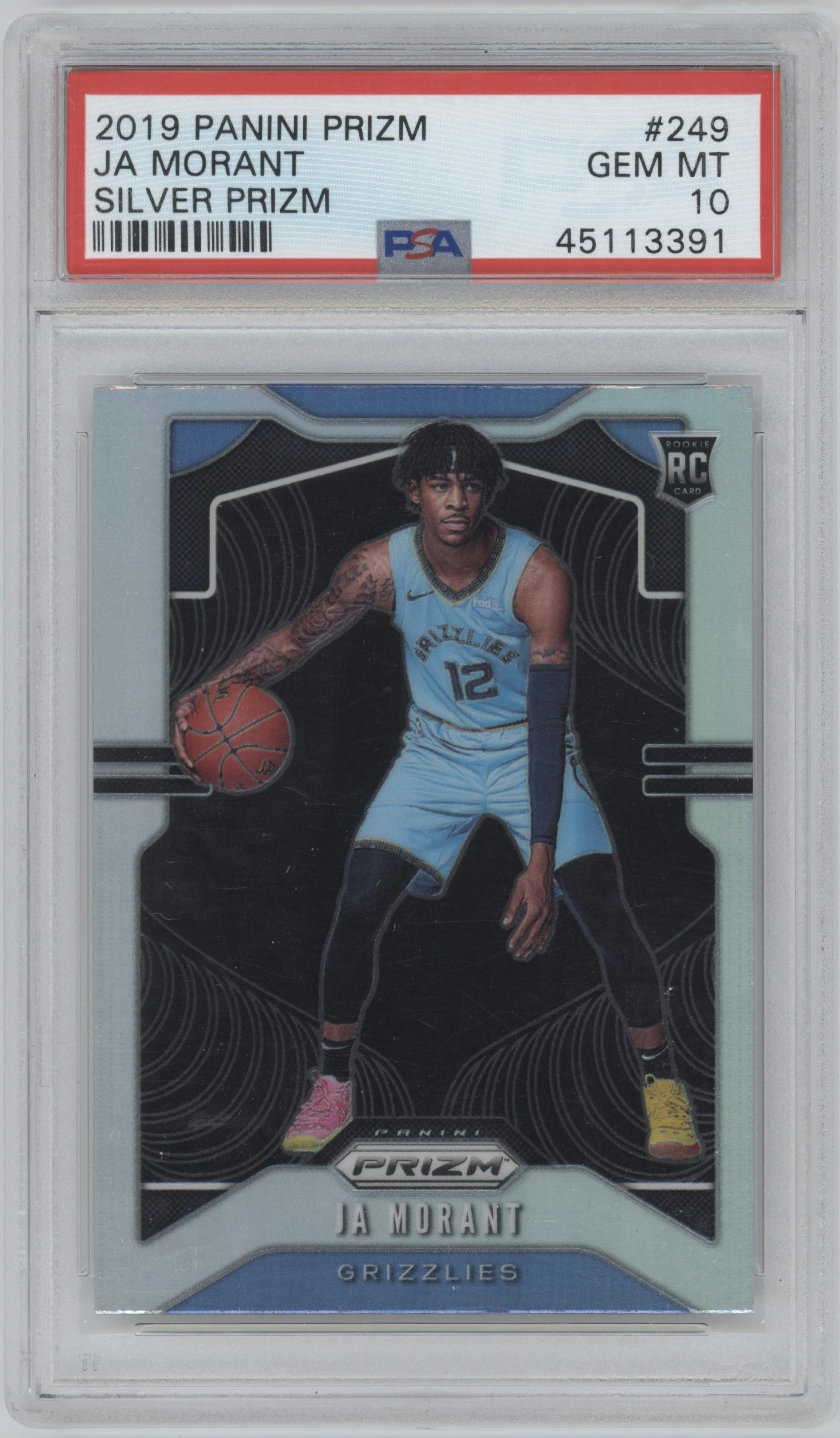 Ja Morant from the 2019-20 Panini Prizm set featuring a Silver Prizm parallel graded by PSA and given an overall grade of 10.