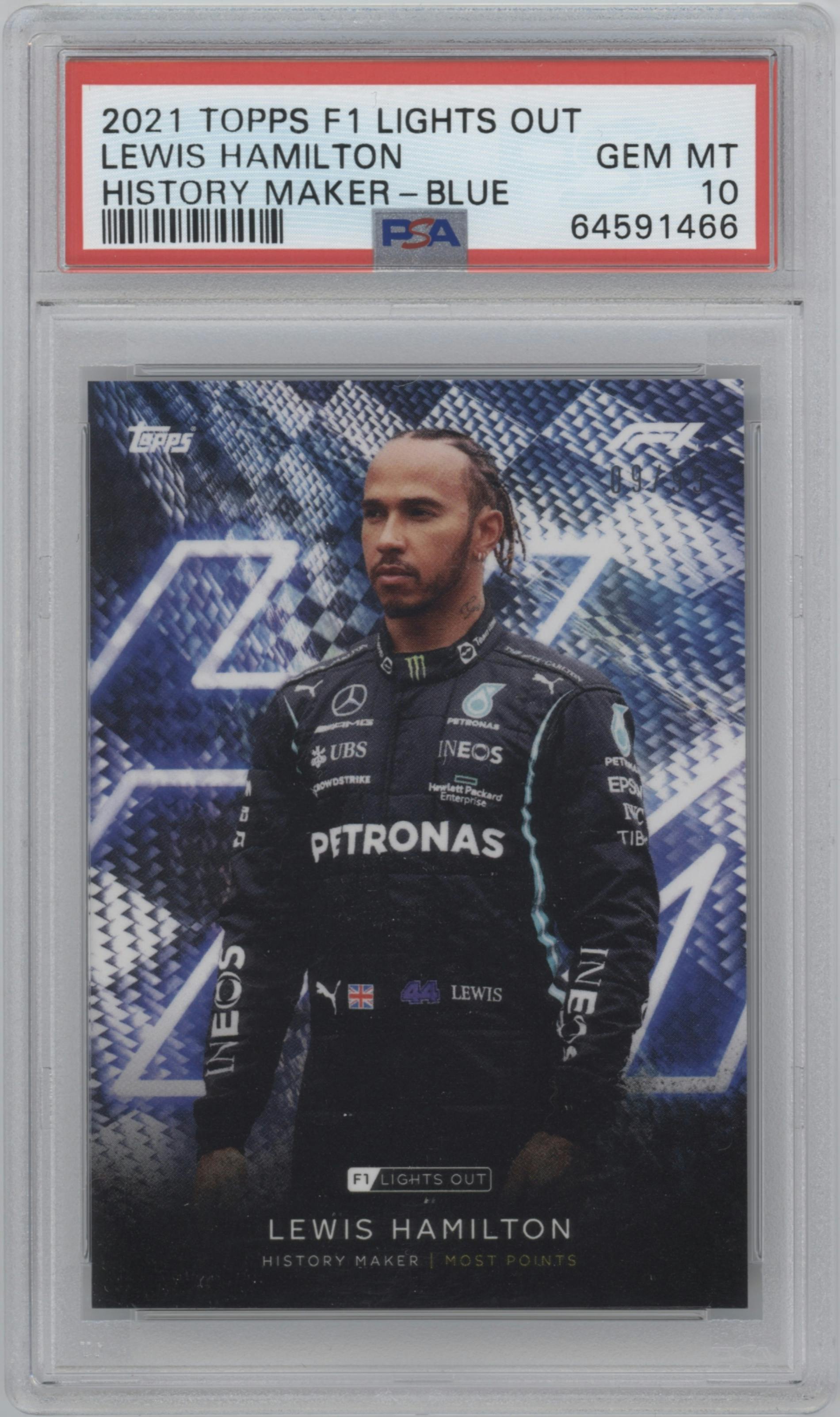 Lewis Hamilton from the 2021 Topps F1 Lights Out set featuring a Blue parallel graded by PSA and given an overall grade of 10.