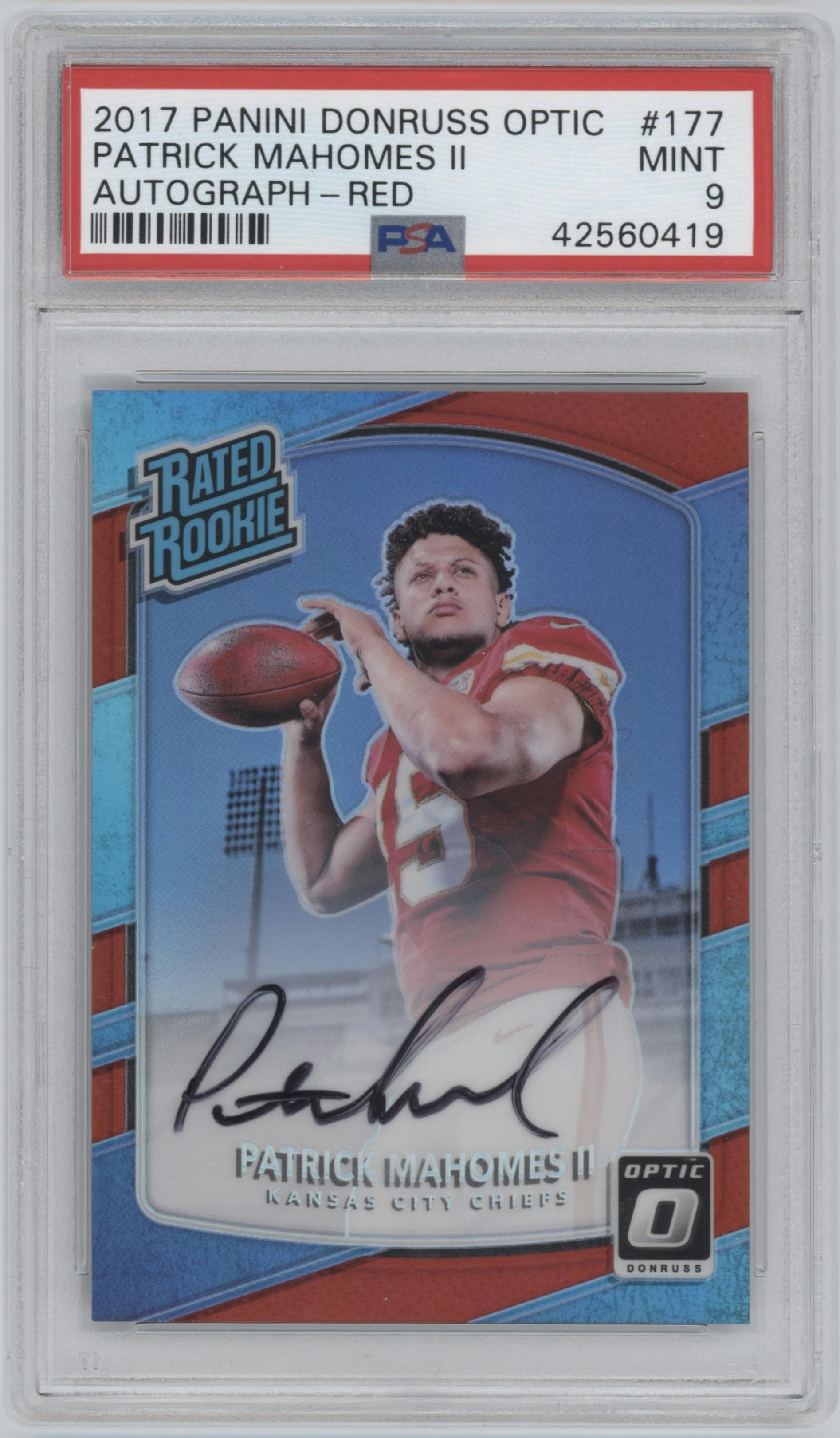 Patrick Mahomes II from the 2017 Panini Donruss Optic set featuring a Red parallel graded by PSA and given an overall grade of 9.