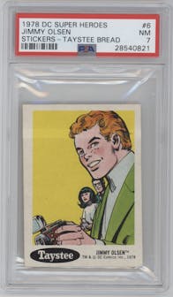 Jimmy Olsen from the 1978 Taystee DC Super Heroes Stickers set graded by PSA and given an overall grade of 7.
