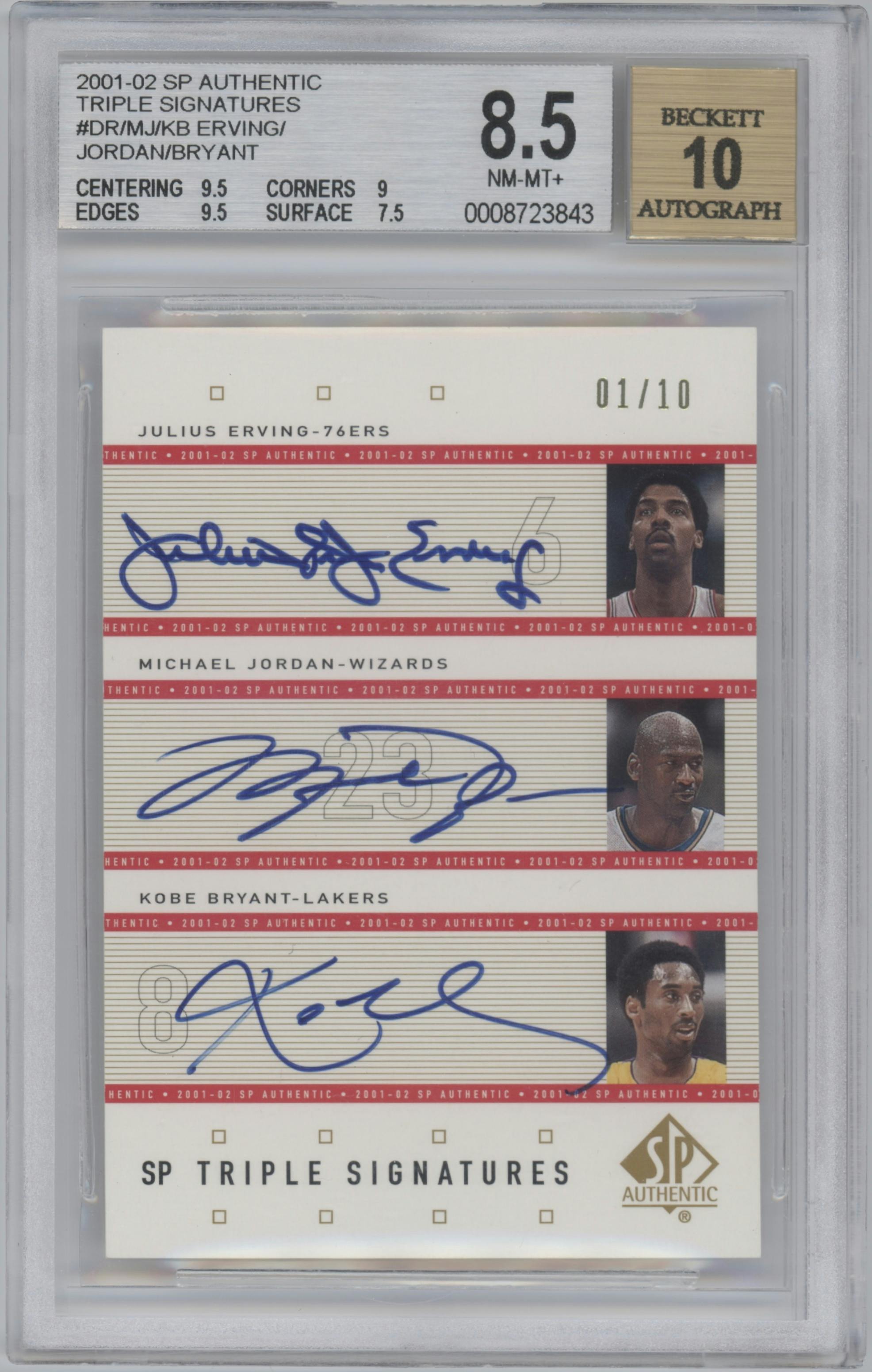 Julius Erving/Michael Jordan/Kobe Bryant from the 2001-02 SP Authentic  set graded by Beckett and given an overall grade of 8.5.