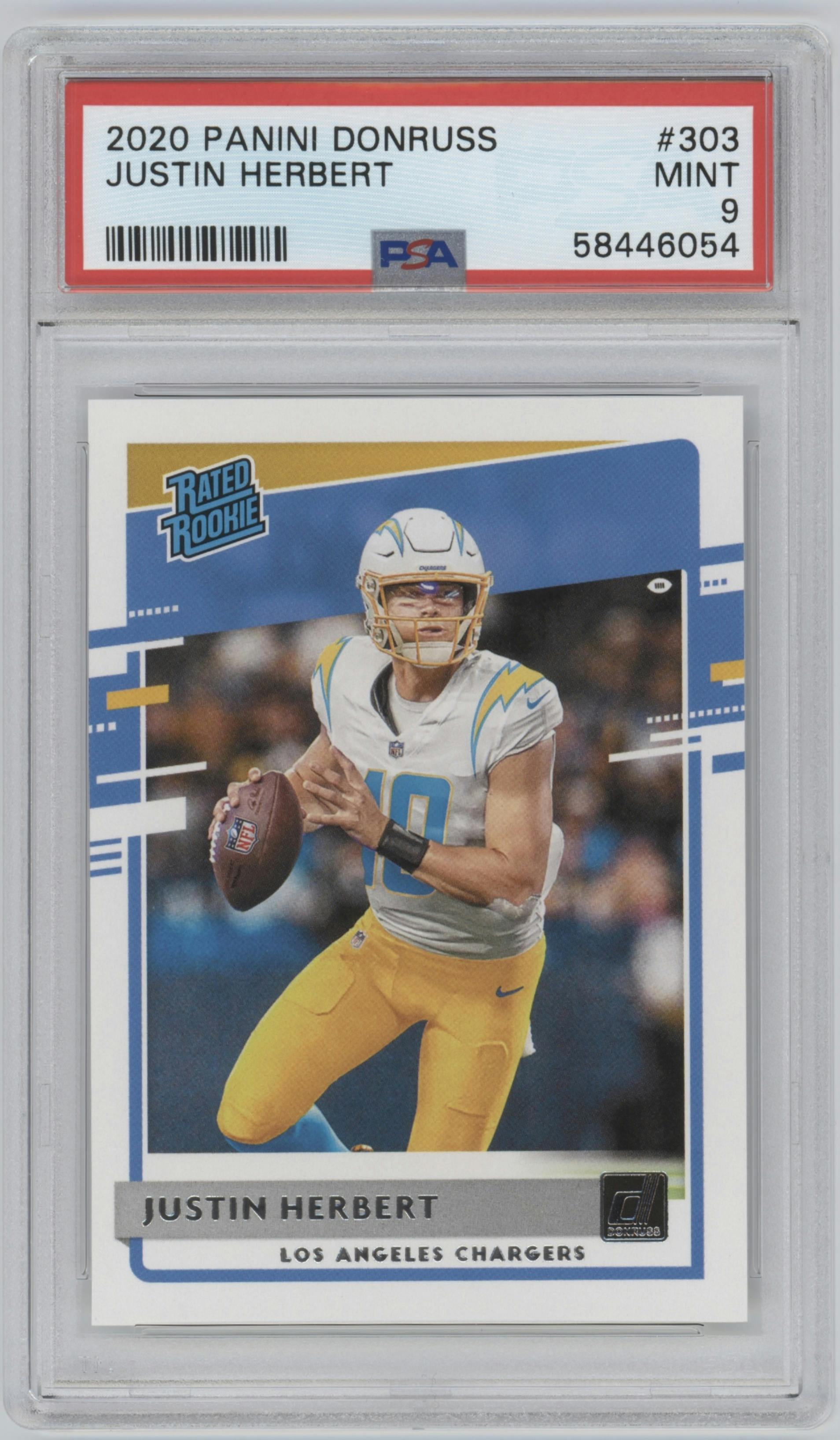 Justin Herbert from the 2020 Panini Donruss set graded by PSA and given an overall grade of 9.