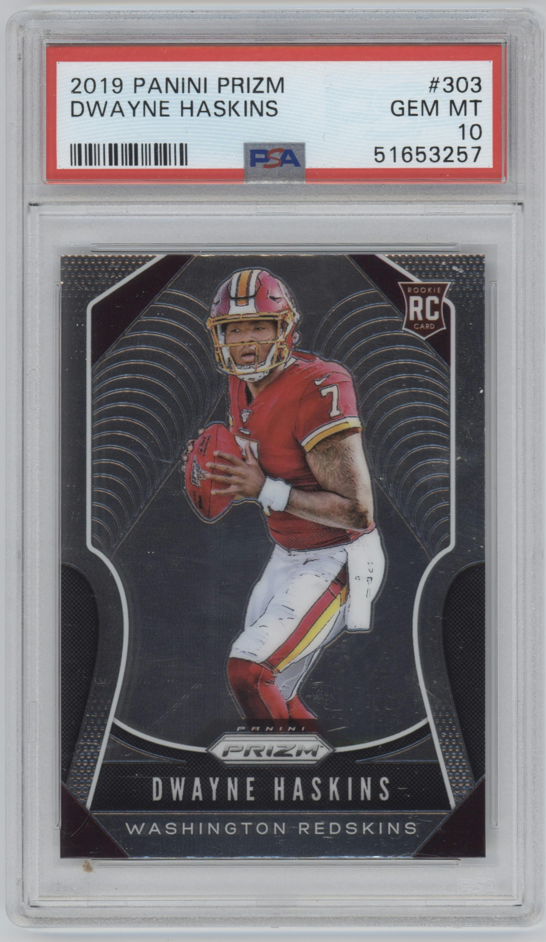 Dwayne Haskins from the 2019 Panini Prizm set graded by PSA and given an overall grade of 10.